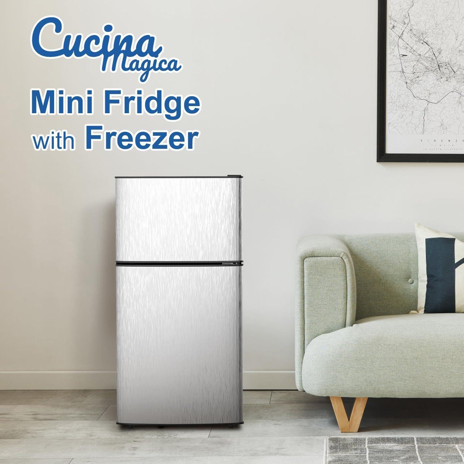 Cucina Magica Mini Fridge with Freezer, 3.2 cuft Small Refrigerator, 7 Adjustable Thermostat, Energy Saving, Low Noise, Double Door Compact Refrigerator for Dorm, Bedroom, Office - Silver