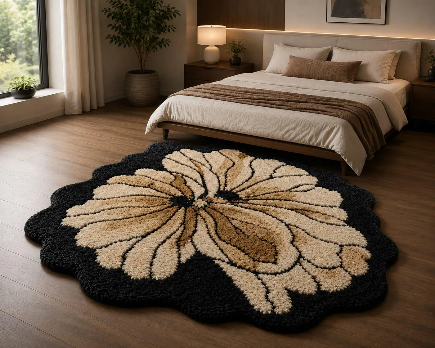 Hand Tufted Flower Rug, Black Floral Rug, Handmade Bedroom Rug, Boho Area Rug, Botanical Rug, Plush Custom Rug, Modern Flower Carpet