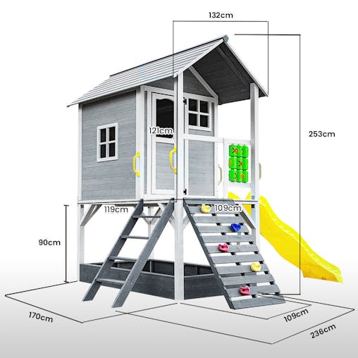 NNEMB Wooden Tower Cubby House with Slide-Sandpit-Climbing Wall-Noughts & Crosses