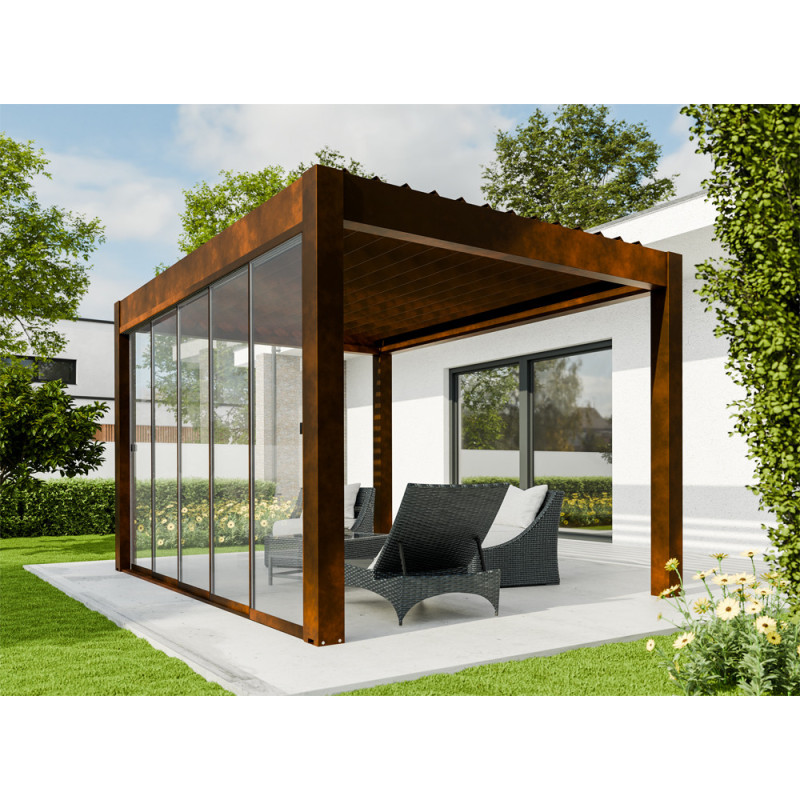 Paroi coulissante vitrée pour pergola bioclimatique Capri effet rouillé 6 x 2,25 m 3 pièces