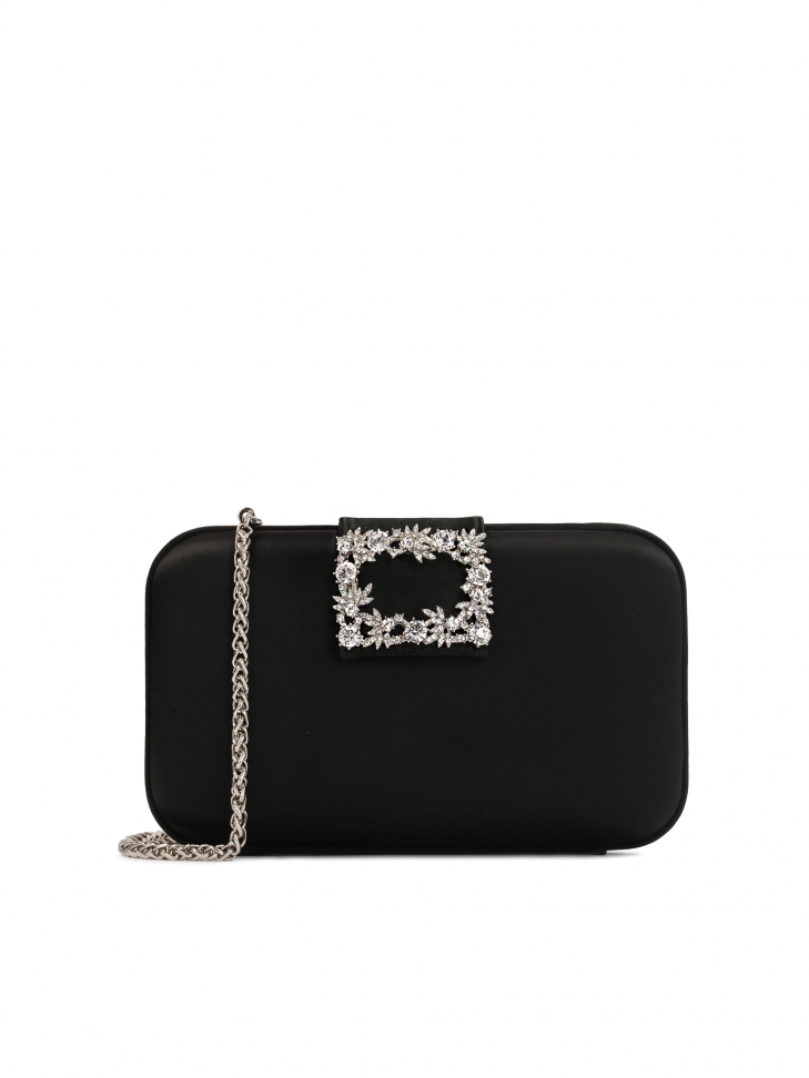 Black evening bag made of fabric with a jewellery fastening