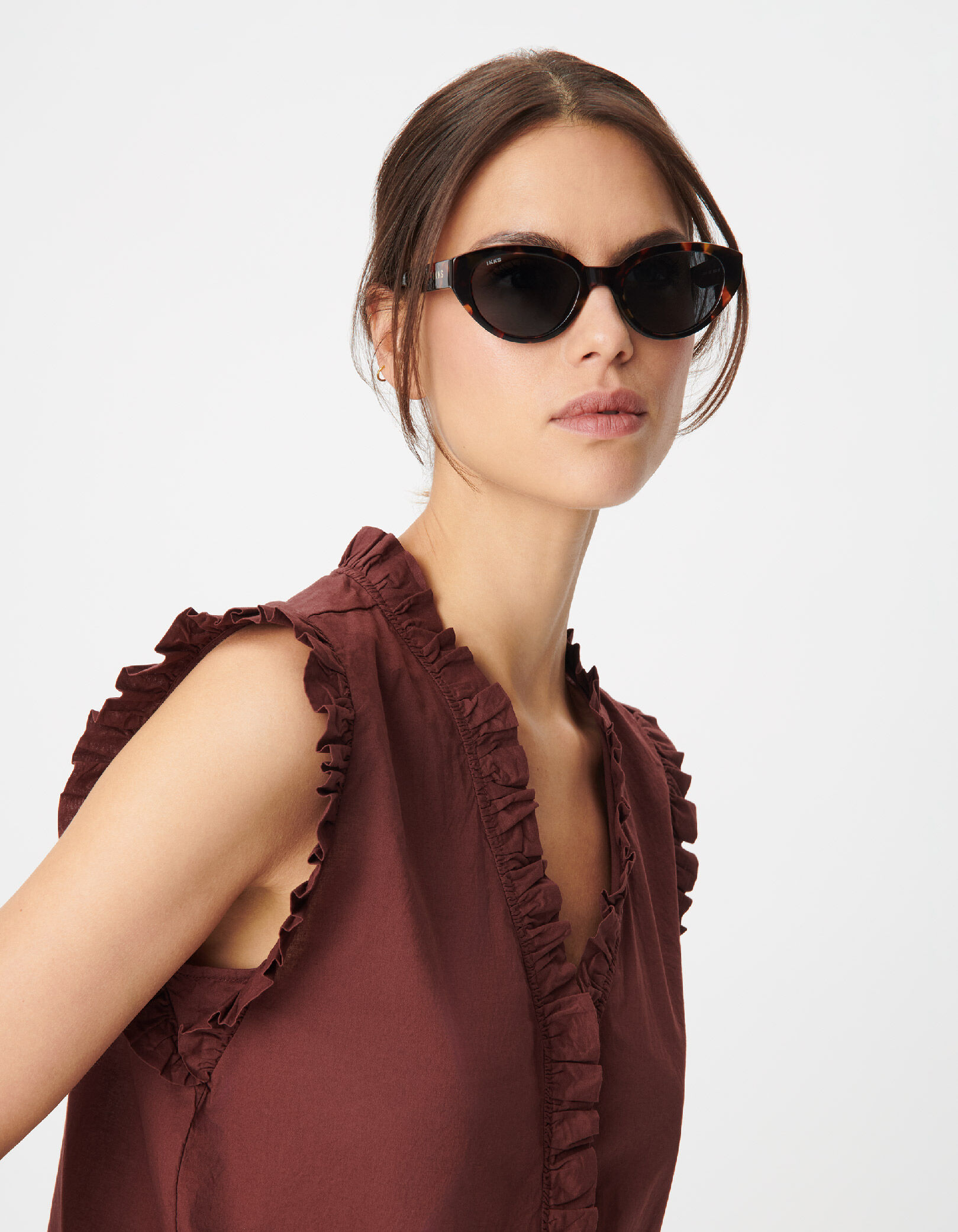 Top sans manches marron à plis ruchés Femme