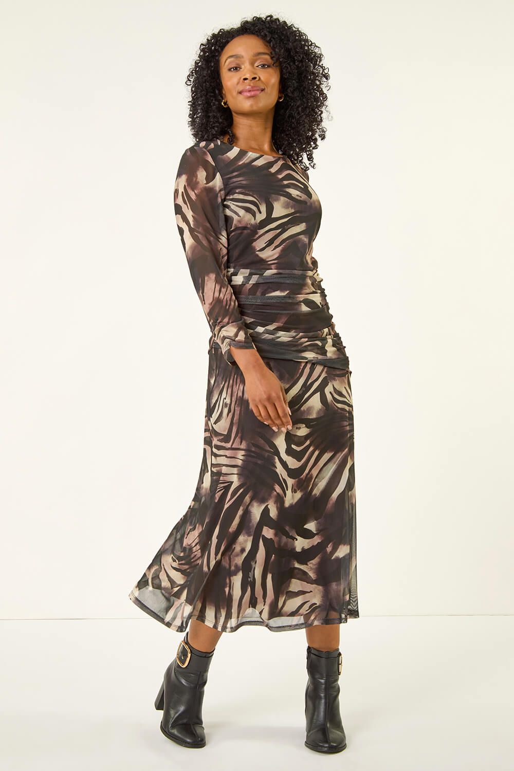 Roman Petite Animal Print Mesh Ruched Midi Dress