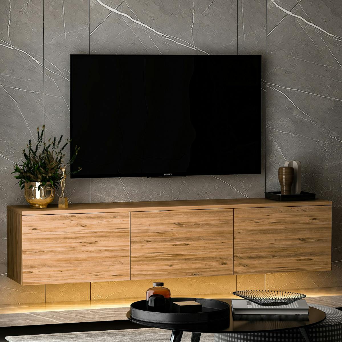 Meuble TV suspendu avec LED et caisson décor bois MARFA