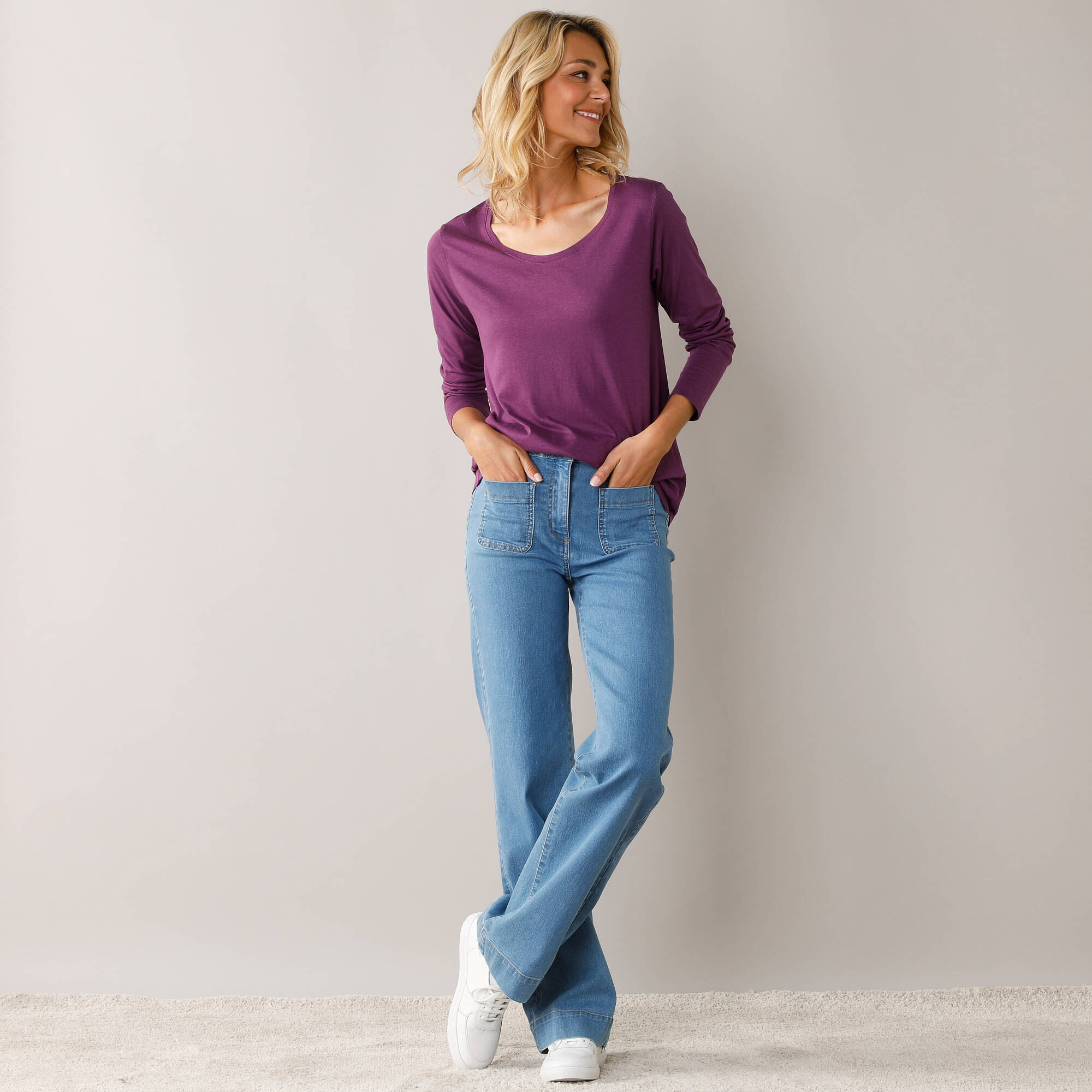 T-shirt col rond manches longues uni
