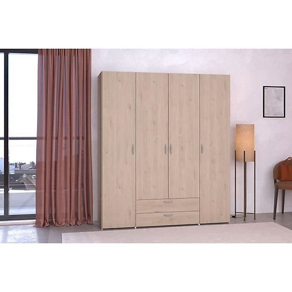 Armoire chambre VARIA - Panneaux de particules - Décor chene et blanc - 4 portes   2 tiroirs - L 159,9 cm x P 51,3 cm x H 185 c