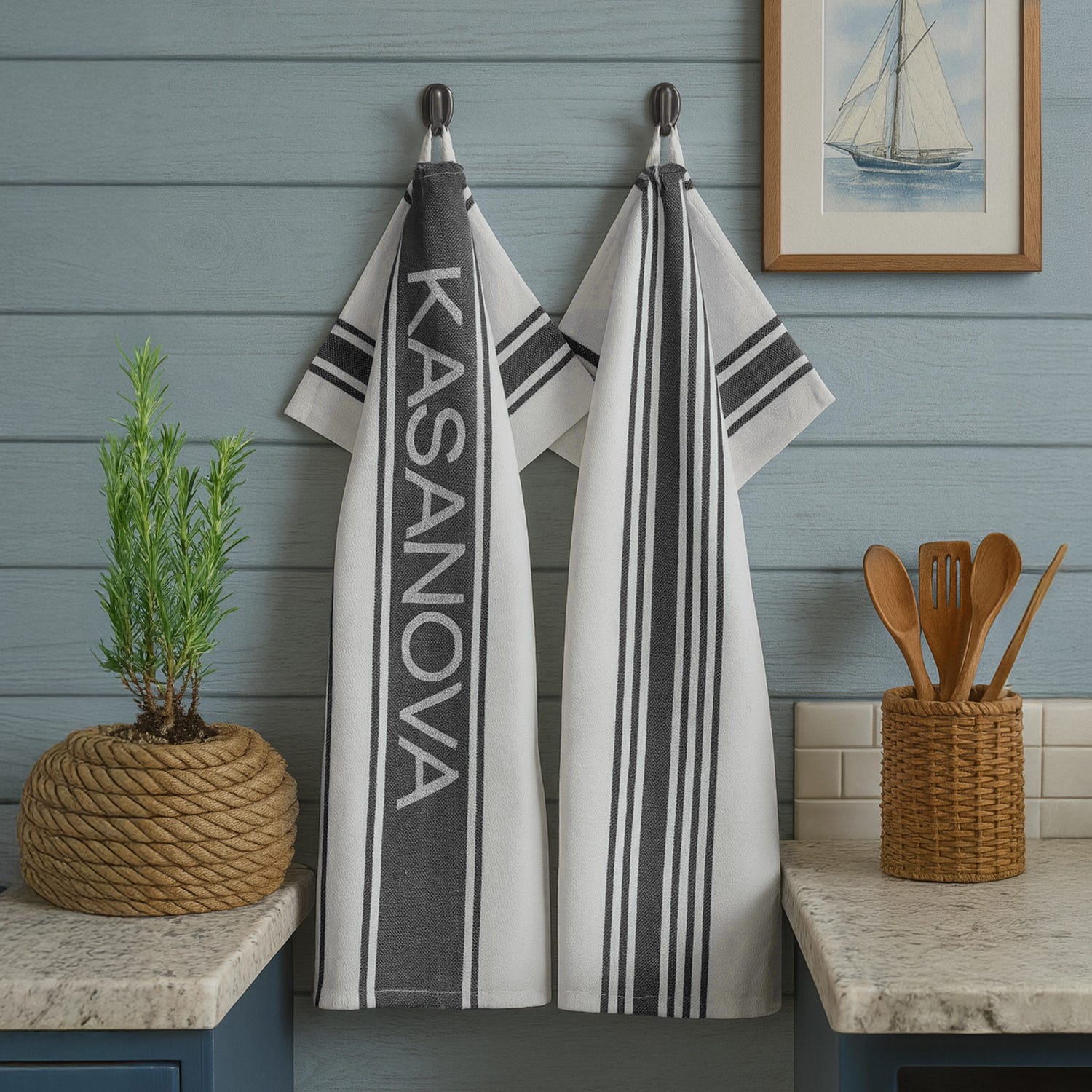 Set 2 strofinacci cucina 50x70 cm righe cotone nero