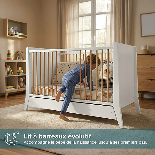 Lit bébé évolutif avec tiroir Timeo 60x120 cm (matelas non inclus) Blanc &bois