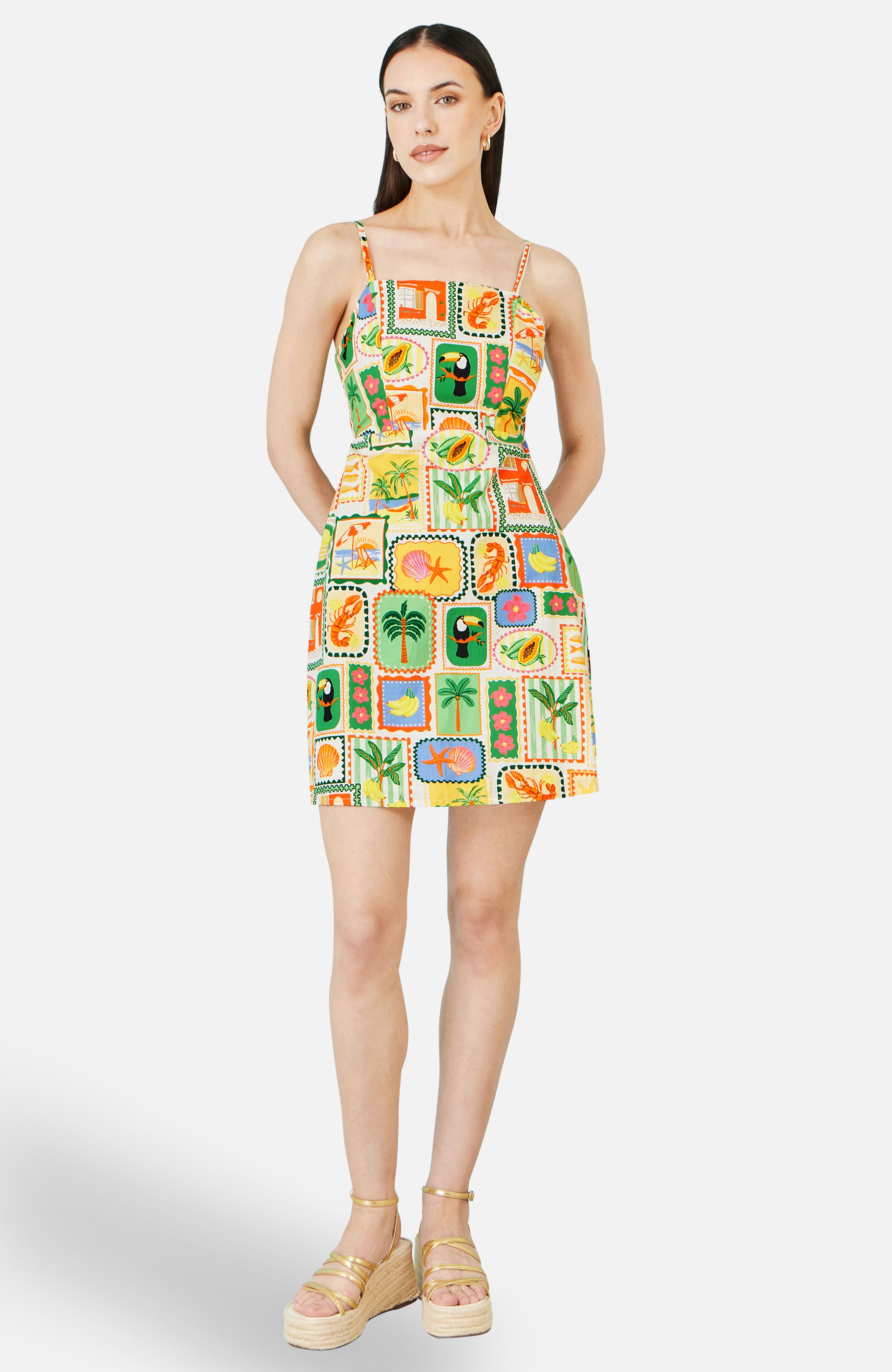 Yumi Multicolour Postcard Print Mini Sun Dress