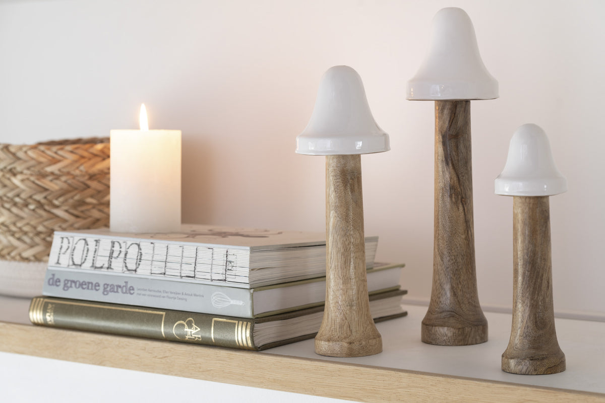 J-Line decoratie Paddenstoel Dun - hout - naturel/wit - 3 stuks