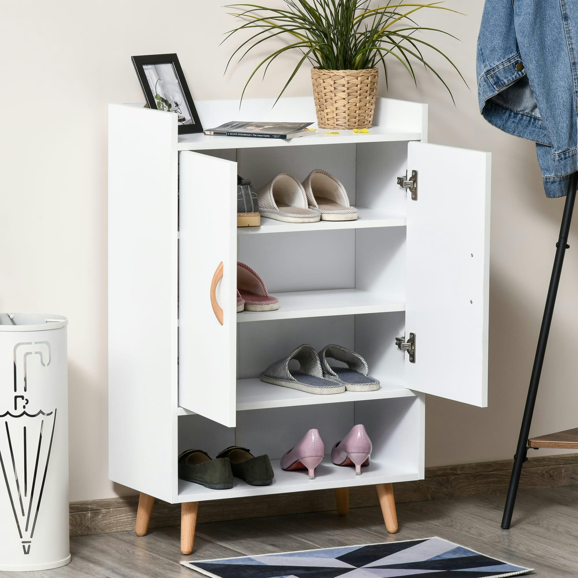 - Meuble à chaussures scandinave placard 2 portes 4 étagères blanc