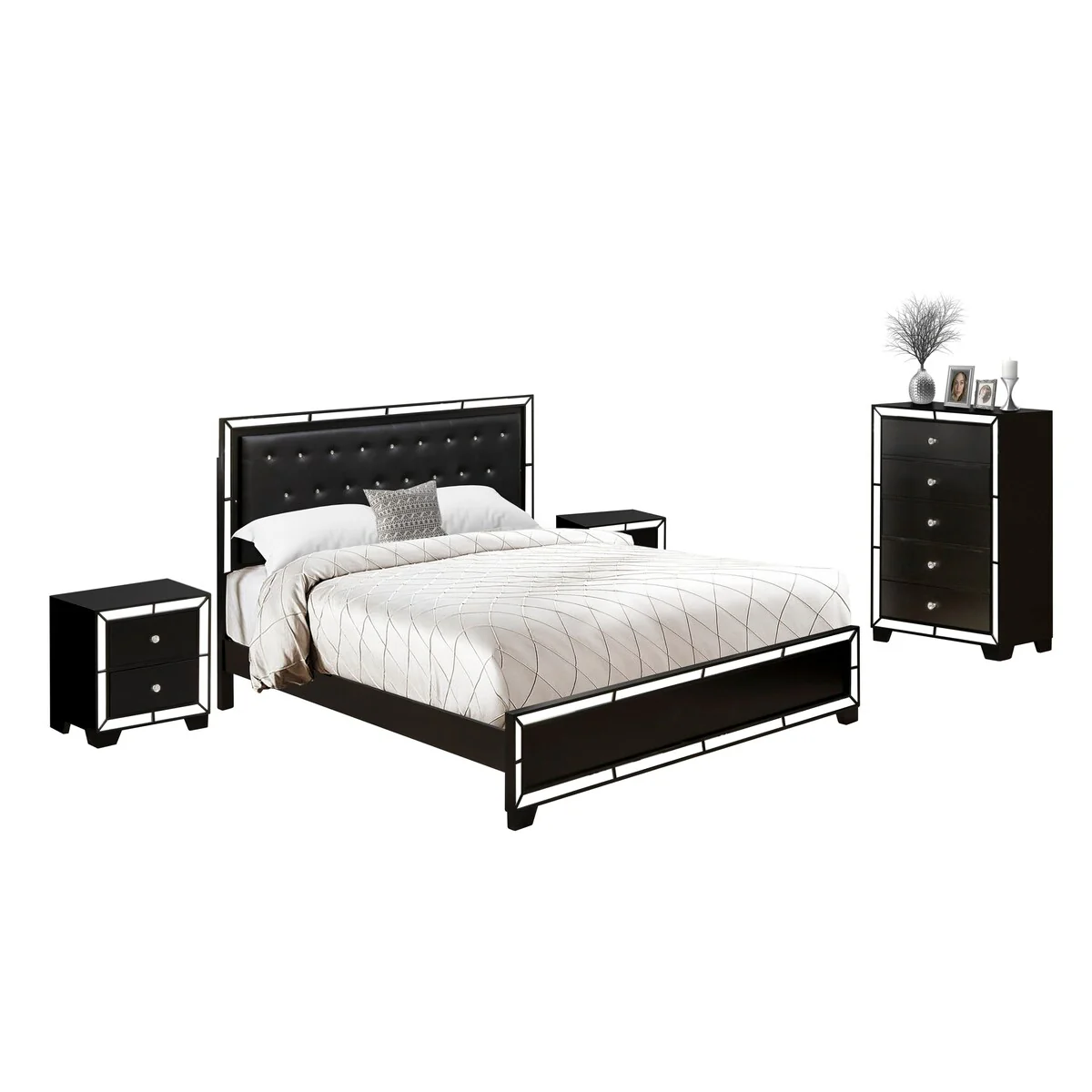 East West Furniture King Size Bed Set Includes King Size Bed Frame, Wood Chest, and End Table