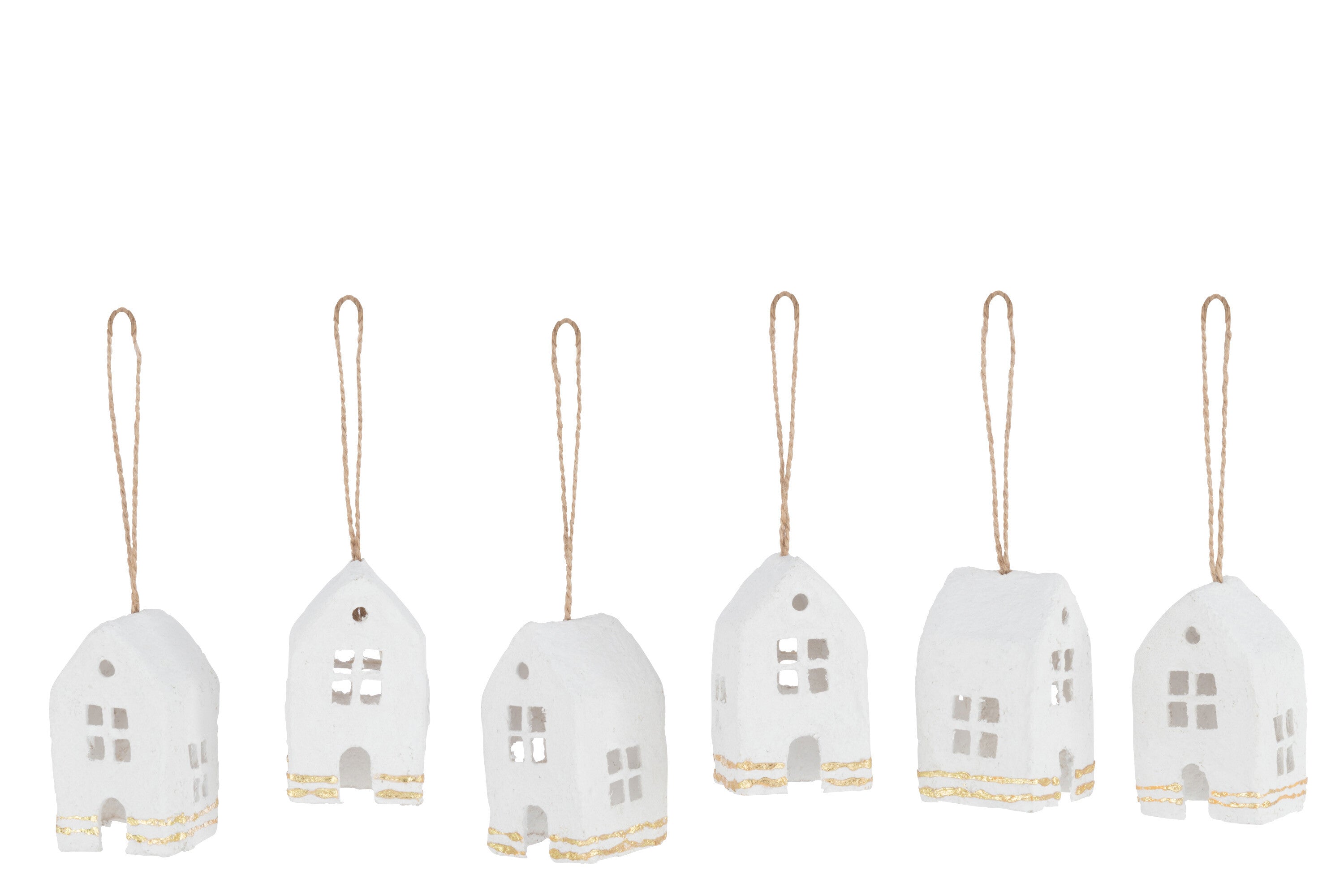 J-Line kersthanger Huis - katoen maché - wit/goud - doos van 6