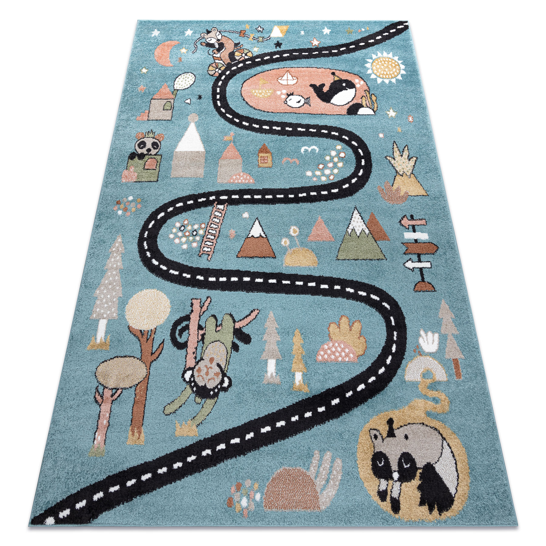 Dywan FUN Route dla dzieci, ulica, zwierzęta niebieski 80x150 cm