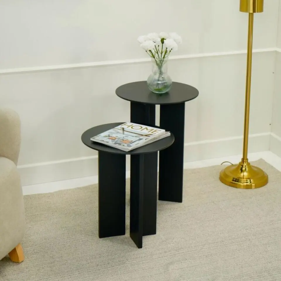 CALICOSY - Set 2 ronde bijzettafels LEO - Zwart - 55x40x40 cm