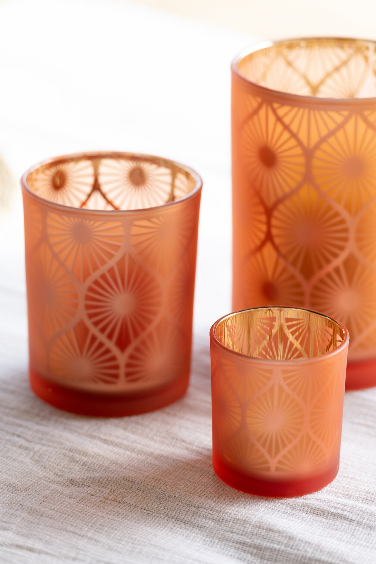 J-Line kaarshouder Ruit Bloemen - glas - oranje - small - 3 stuks