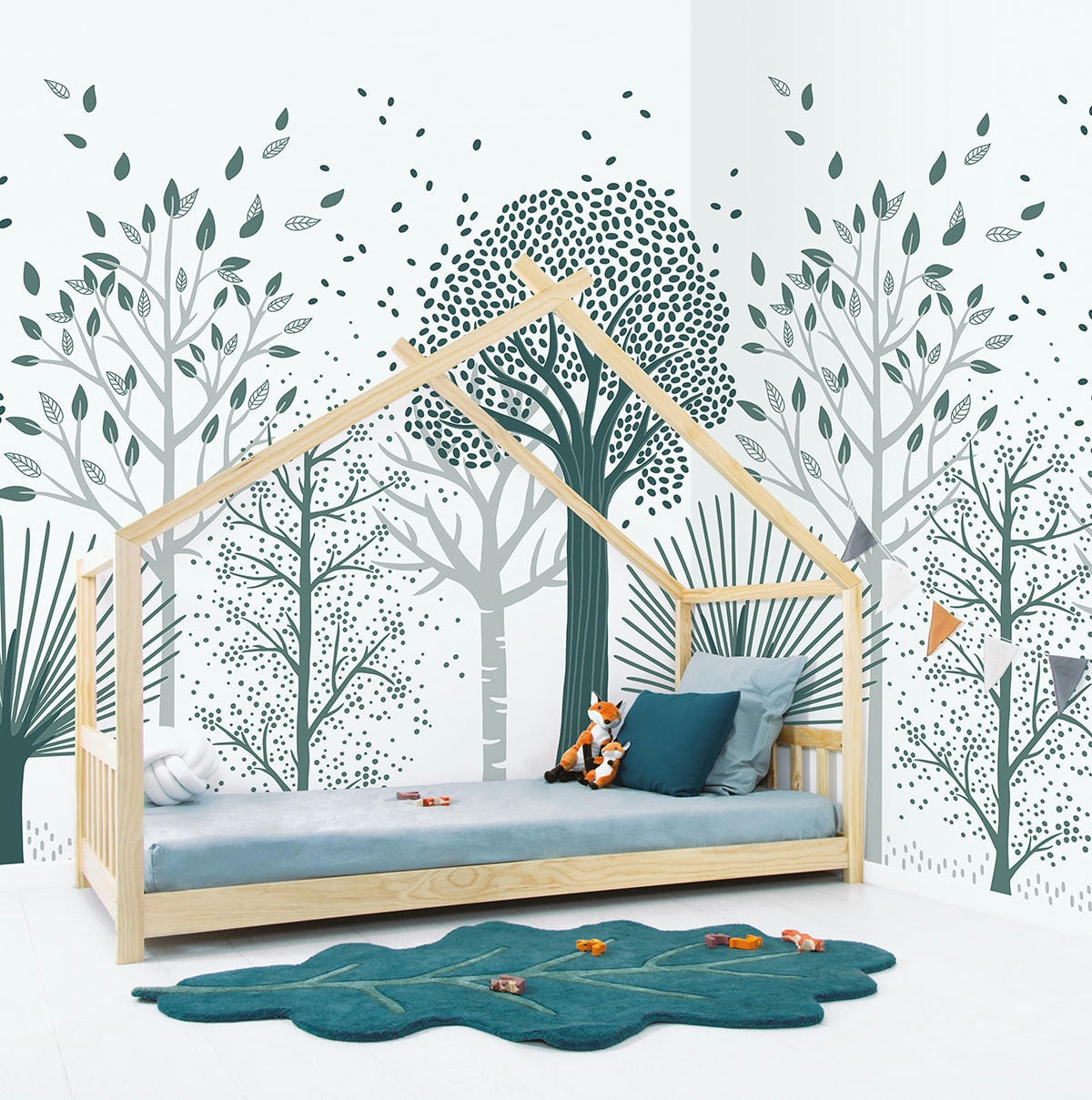 M. FOX - Papier peint panoramique forêt bleu, 2m x 2,48m