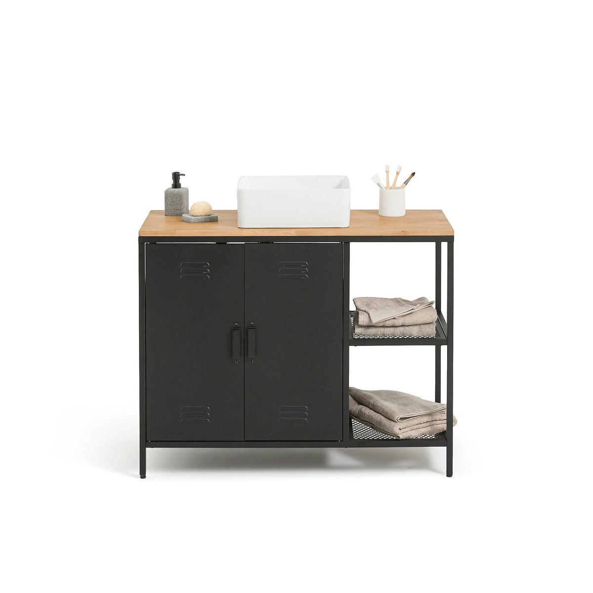 Meuble sous vasque, chêne et acier, Hiba