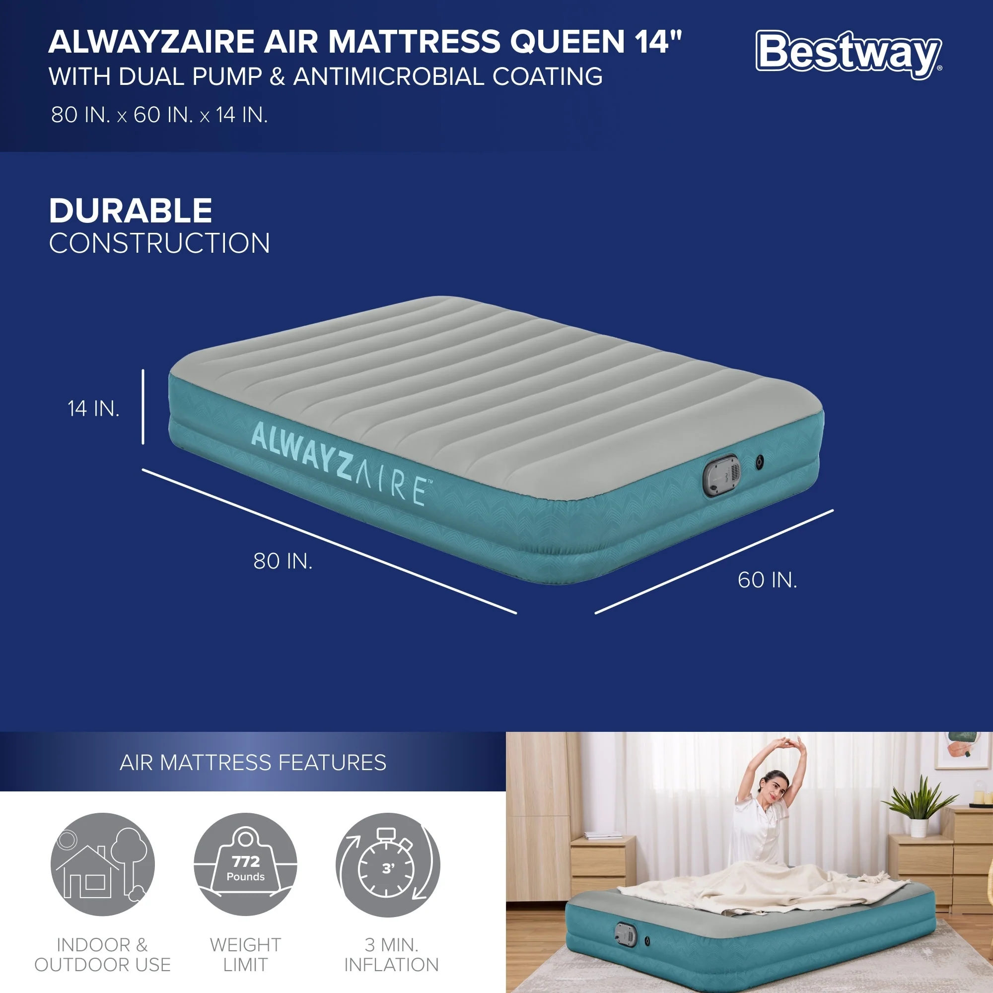 Bestway AlwayzAire 14 Inflatable Air Mattress Bed with Rechargeable Pump, Queen