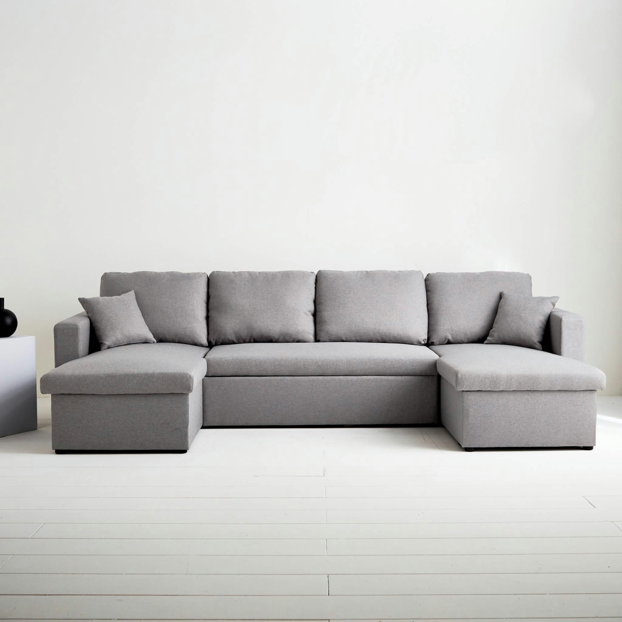 URBAN - Canapé panoramique convertible en tissu gris clair