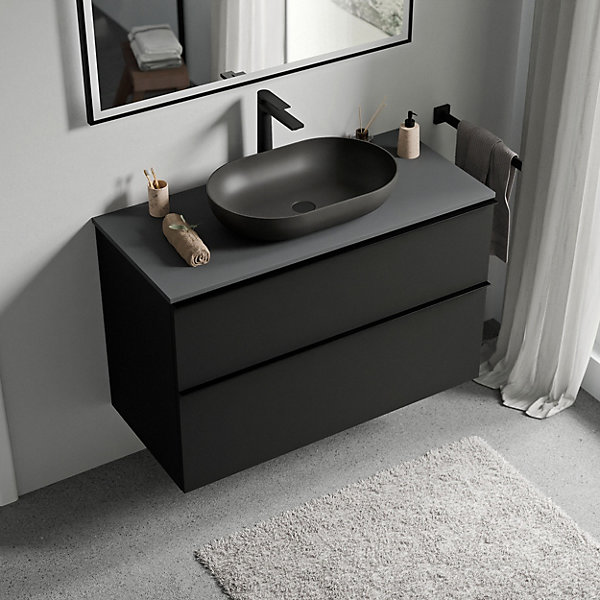 Meuble sous vasque suspendu MDF Noir mat, plan vasque Anthracite mat, poignée Noir mat - 100x46x62cm - LAVOA