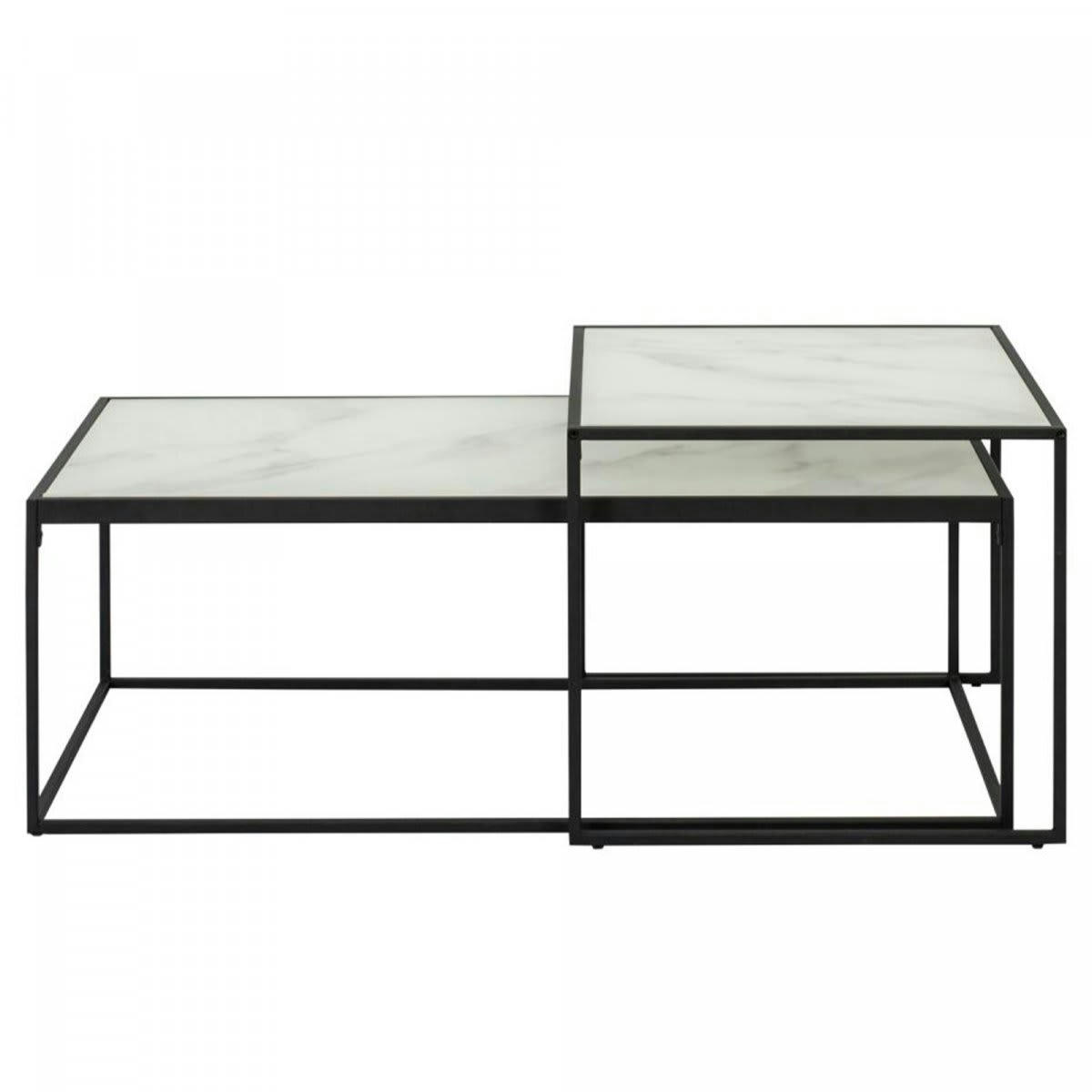 BOLTA - Lot de 2 tables gigognes en marbre blanc et pieds métal noir