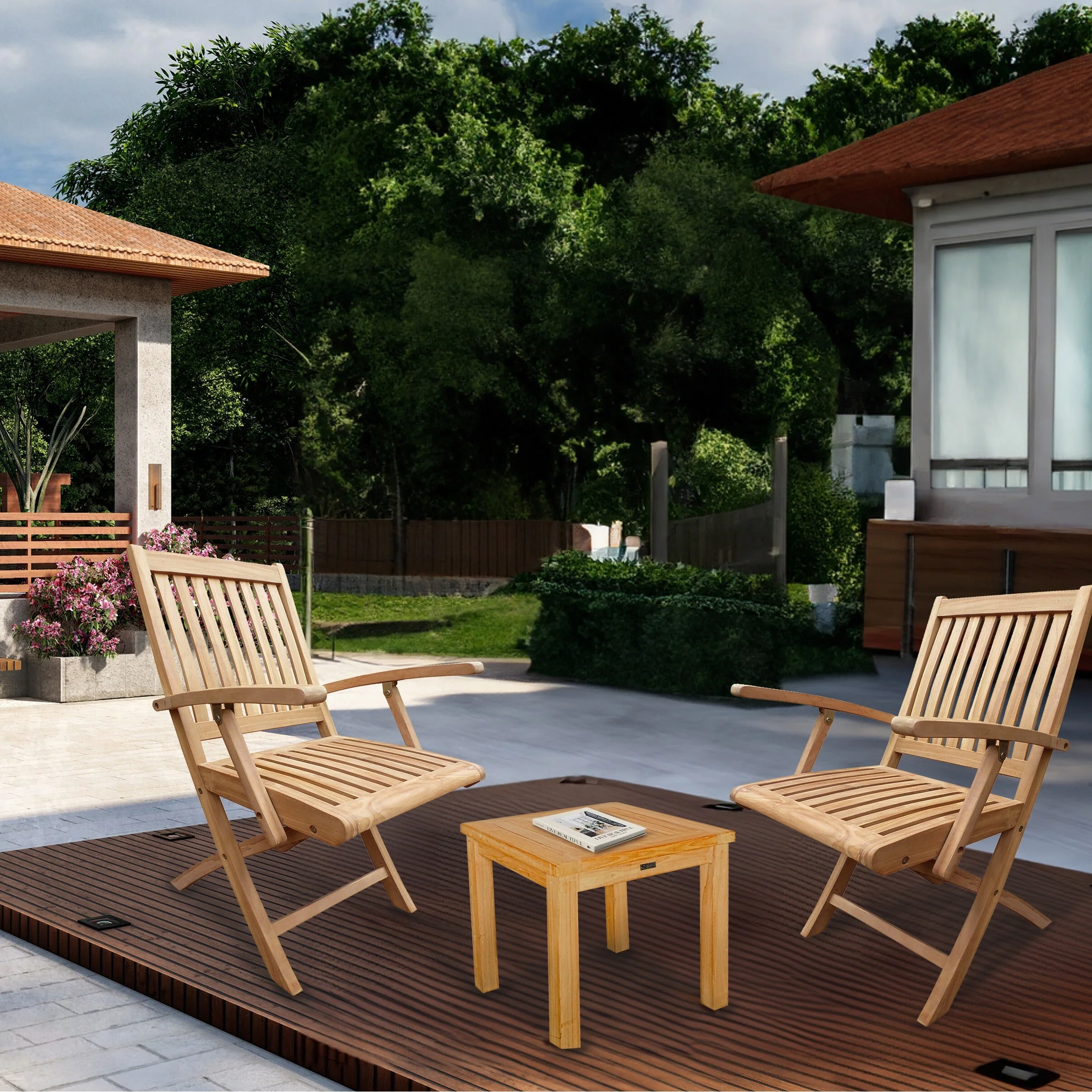 Seven Seas Teak Naples Outdoor Patio Folding Arm Chair, set of 2