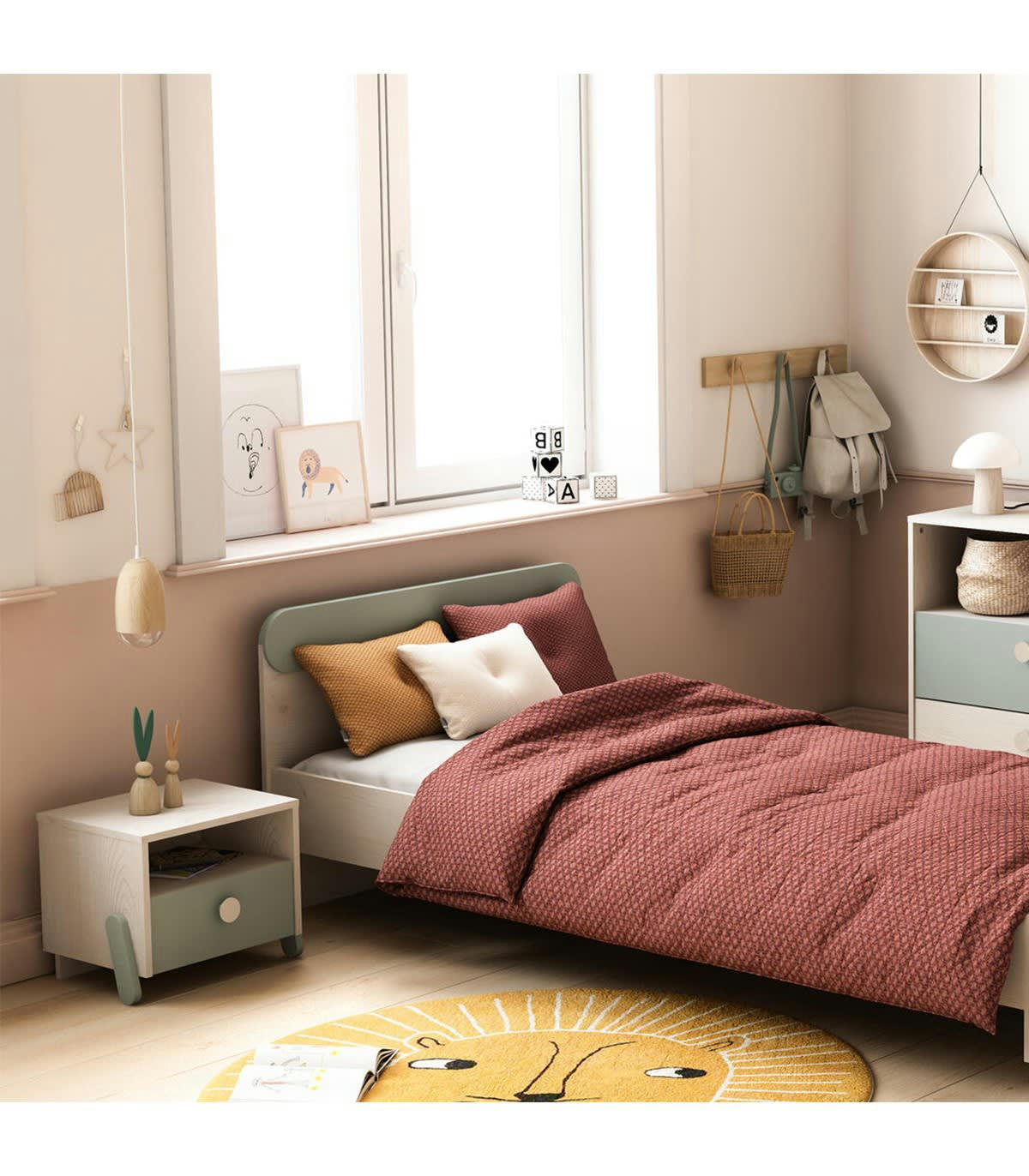 ILIAN - Chevet Enfant 1 Tiroir L39,3 cm - Décor Bois clair et Vert de gris