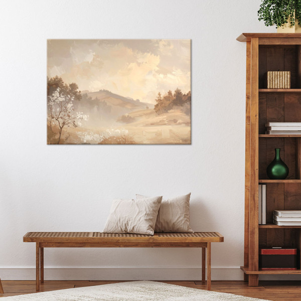 Obraz do salonu sypialni, Pastelowy Pejzaż Gór i Drzew Rustykalny 30x20