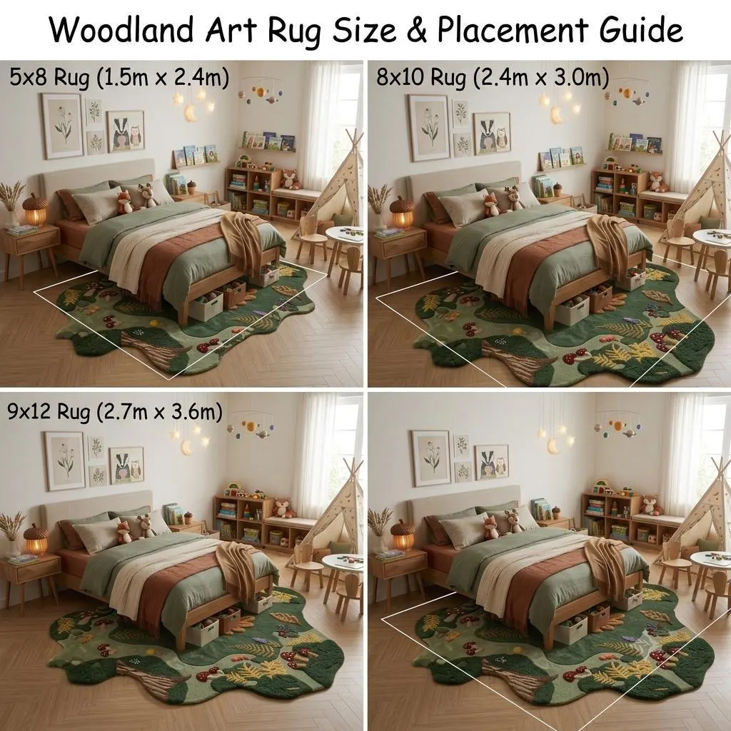Hand-Tufted Woodland Forest Wool Rug, Sculptural Moss Green Botanical Area Rug, Cottagecore Mushroom Carpet, Whimsical Nature Decor