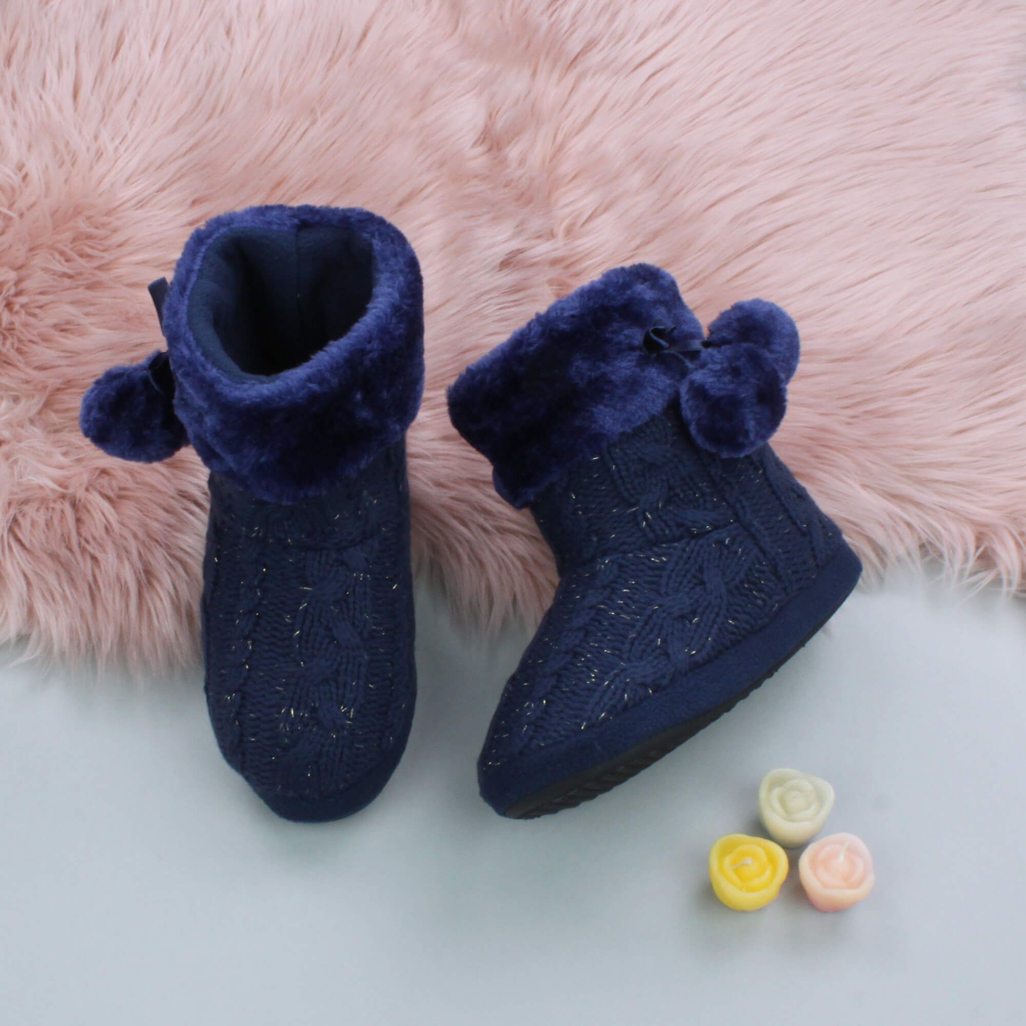 AJVANI Glitter Cable Knit Pom Pom Ankle Boots Slippers