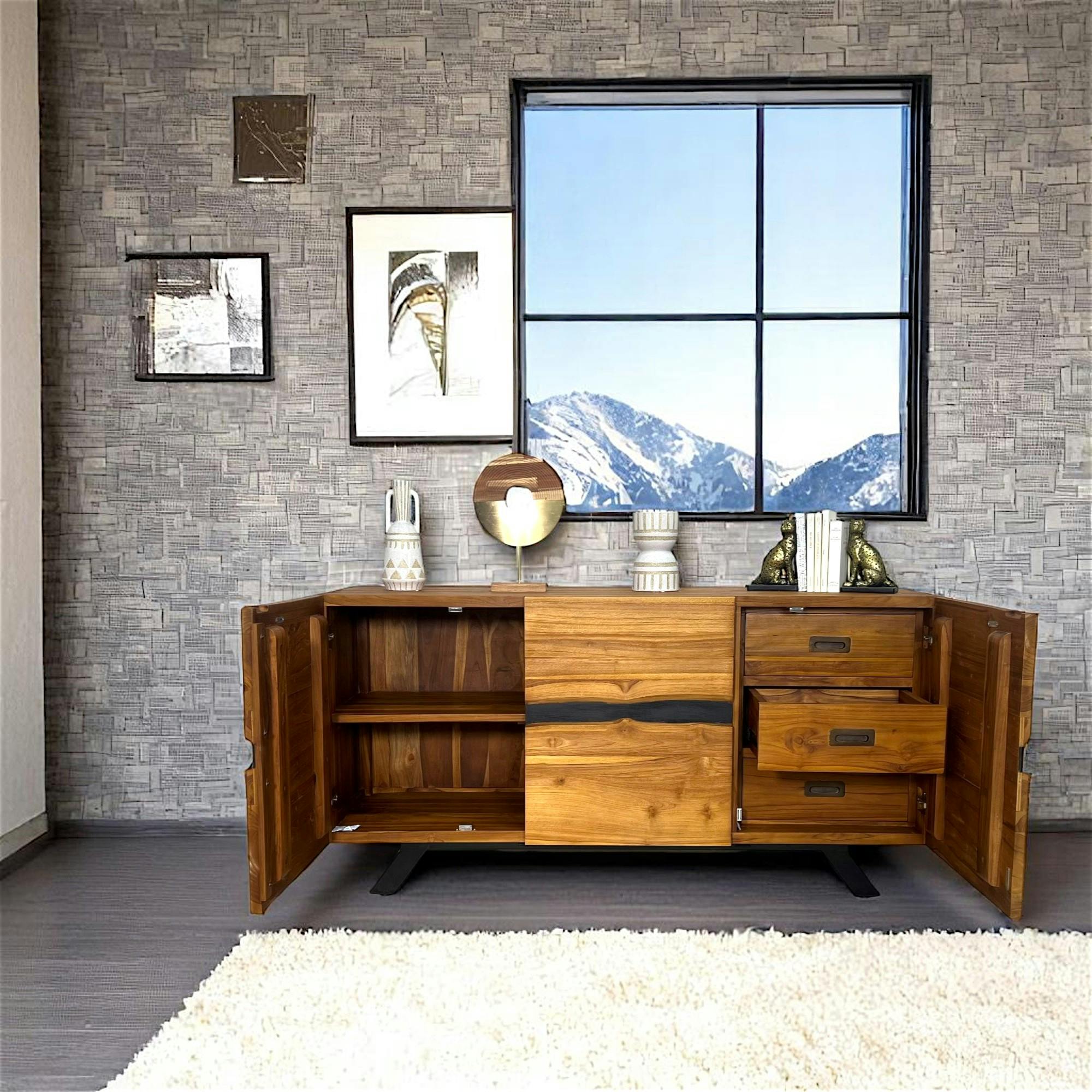 Buffet moderne bois recyclé teck laque noire BARBADE