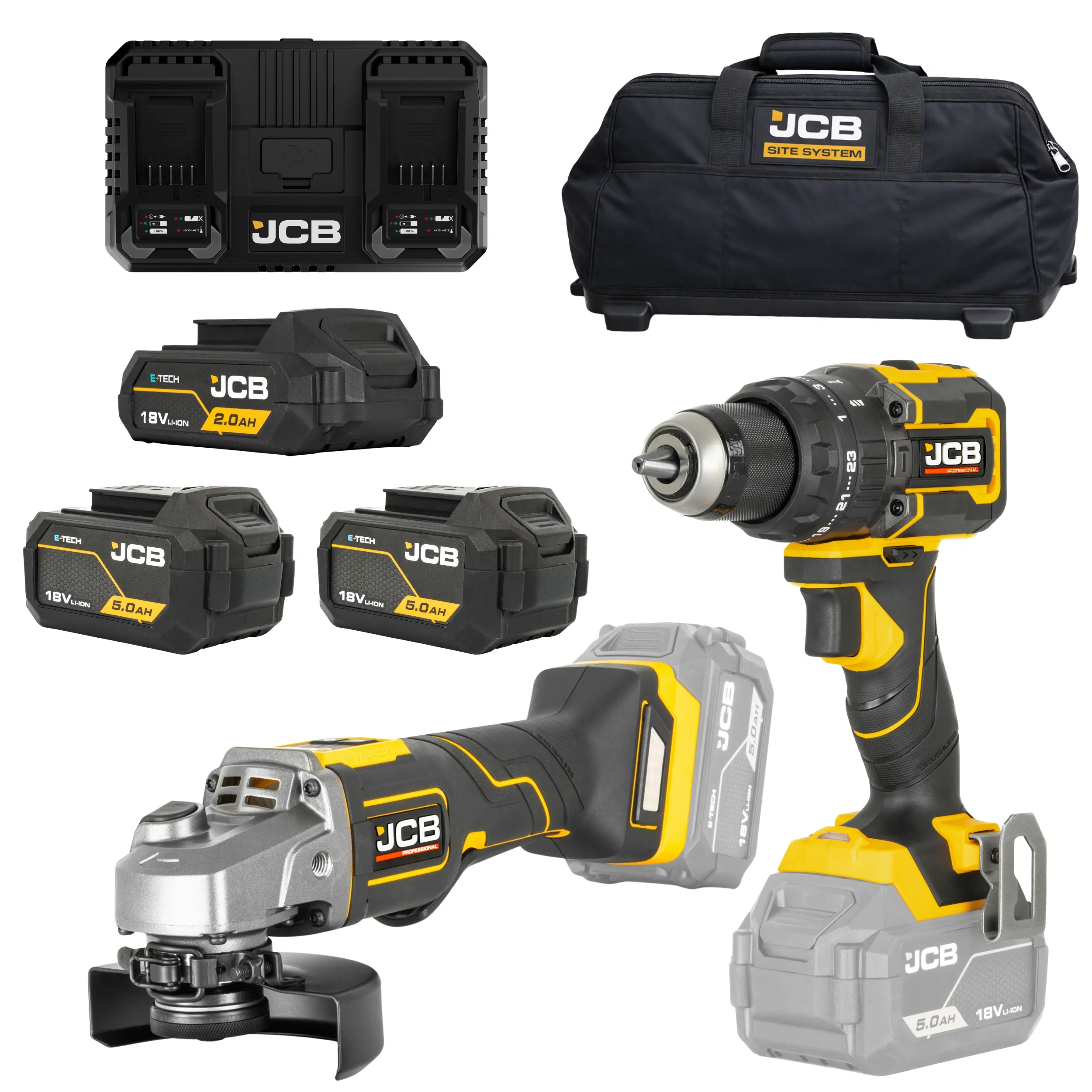 JCB Professional Zestaw Szlifierka 125mm + Wiertarko-Wkrętarka 75Nm 18V 2Ah + 2x 5,0Ah Dual Charge Torba