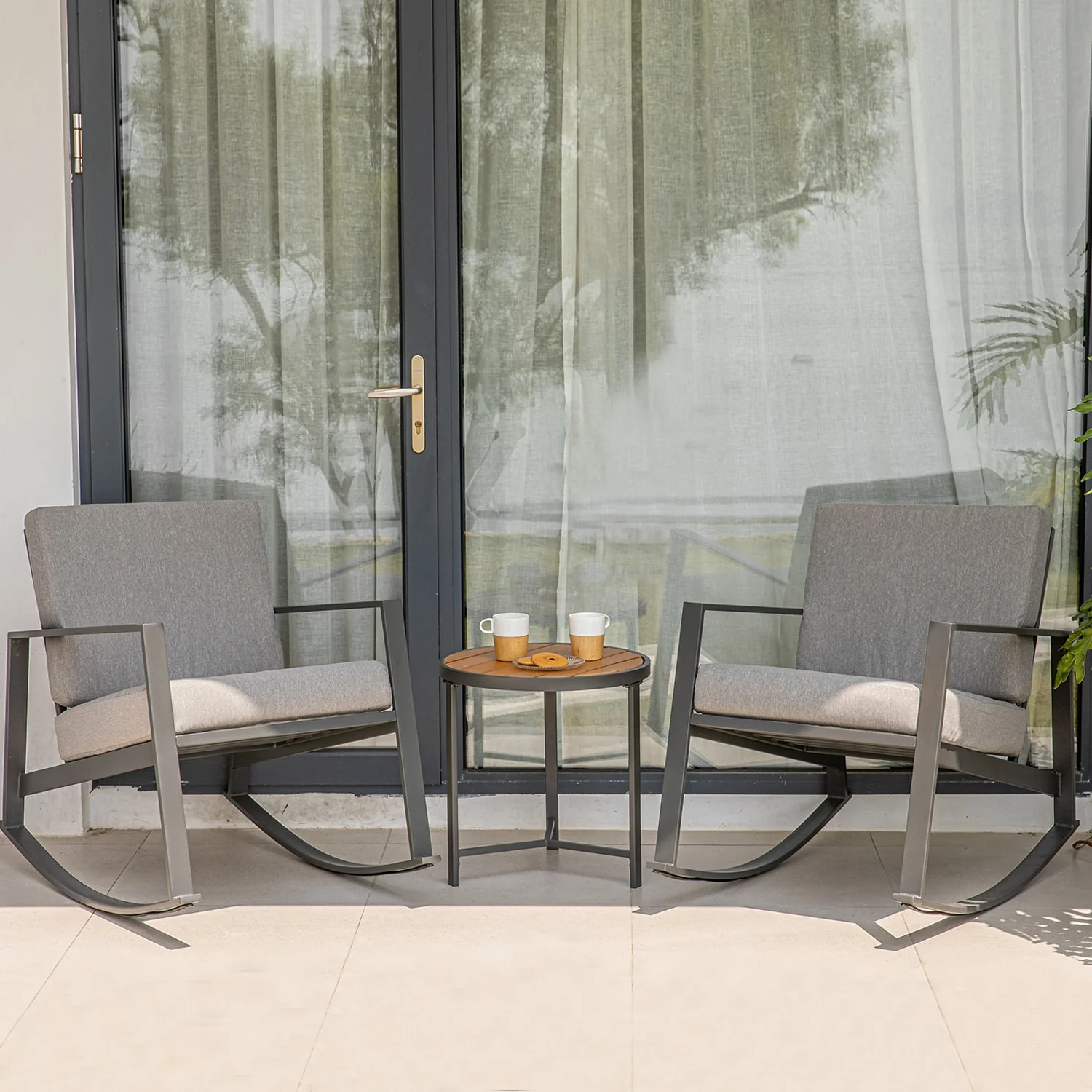 COSIEST 3-Piece Bistro Set Patio Oversize Rocking Chairs with Coffee Table - 32 in. D x 25.5 in. W x 32 in. H
