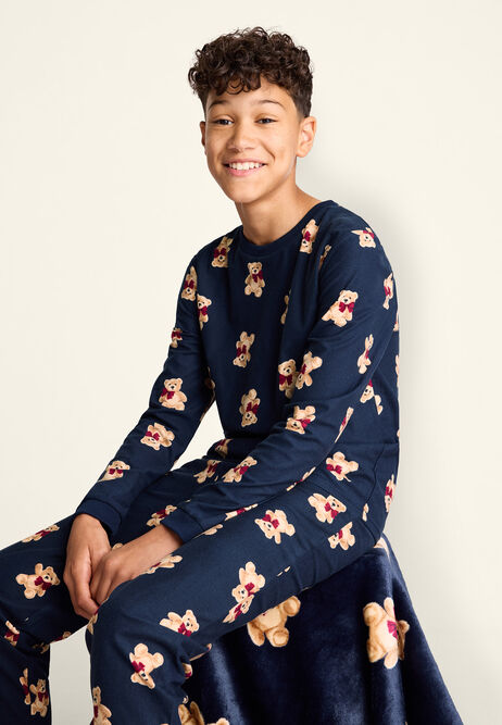Unisex Kids Navy Teddy Print Family Pyjama