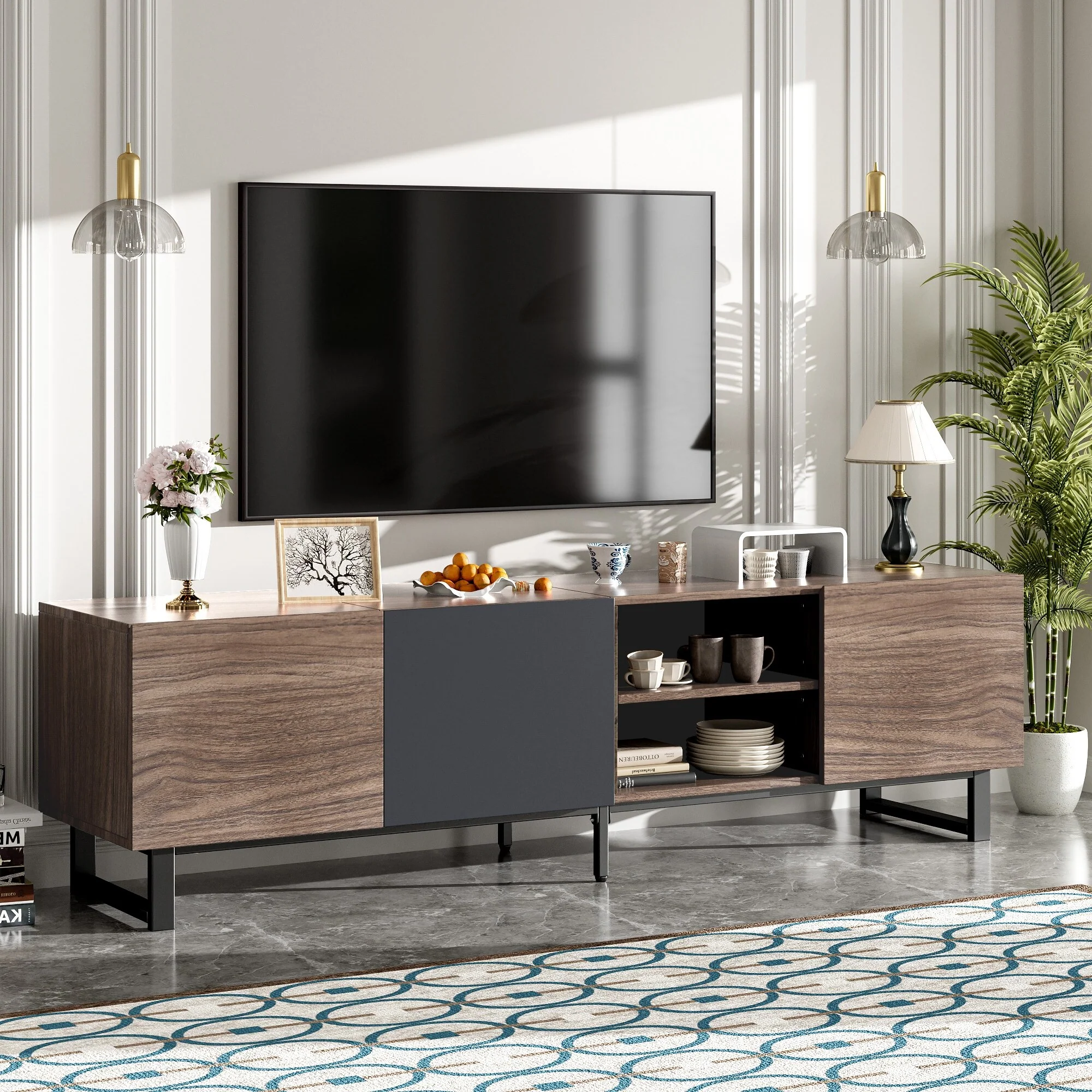 70-Inch Modern TV Stand with 3 Cabinets and Open Shelves - Entertainment Center for TVs up to 80 Inches