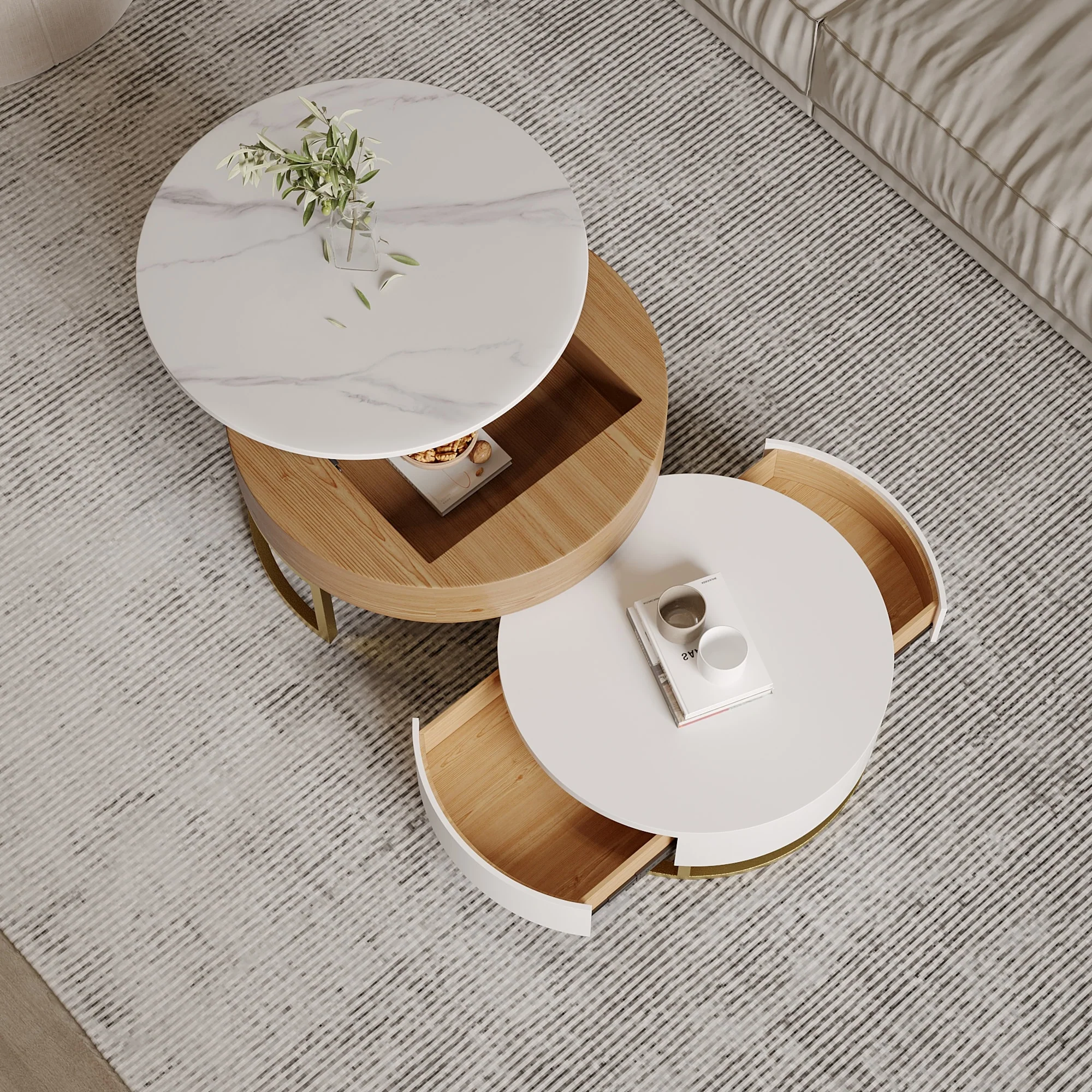 Round Coffee Table White with Storage Lift-Top Wood Coffee Table Lifts up with Rotatable Drawers White Natural