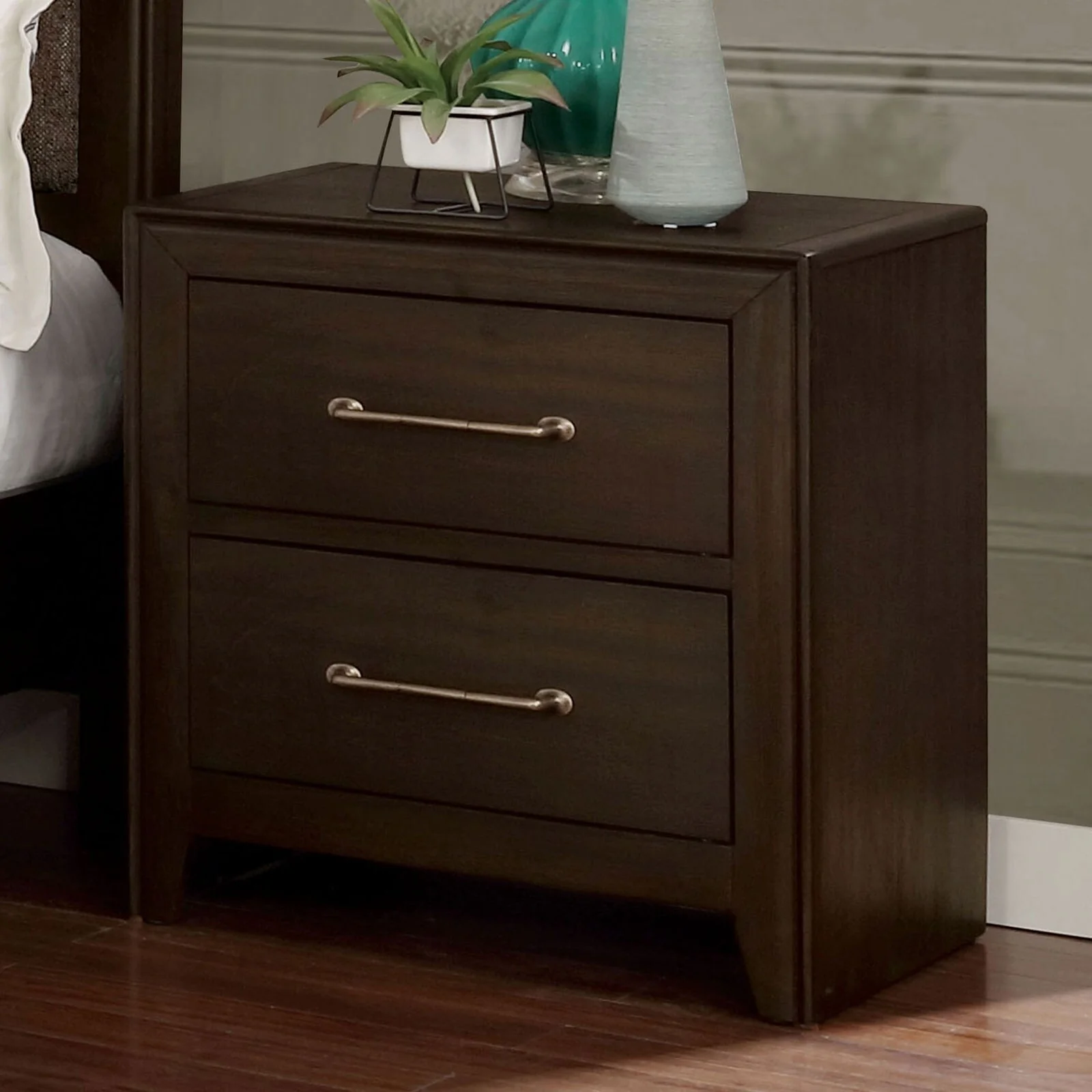 1pc Nightstand Only Solid wood 2-Drawers Bedside Table Brushed Nickel Pull Modern Bedroom