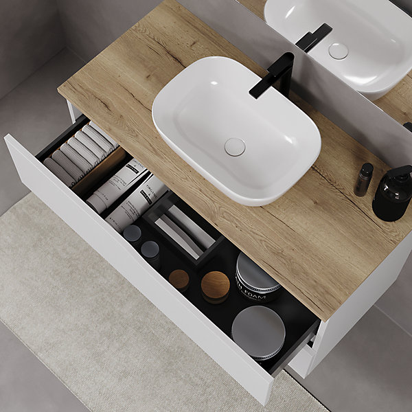 Meuble de salle de bain 100cm avec plateau miel et vasque à poser zeus - 2 tiroirs - sans miroir - blanc - LUNA