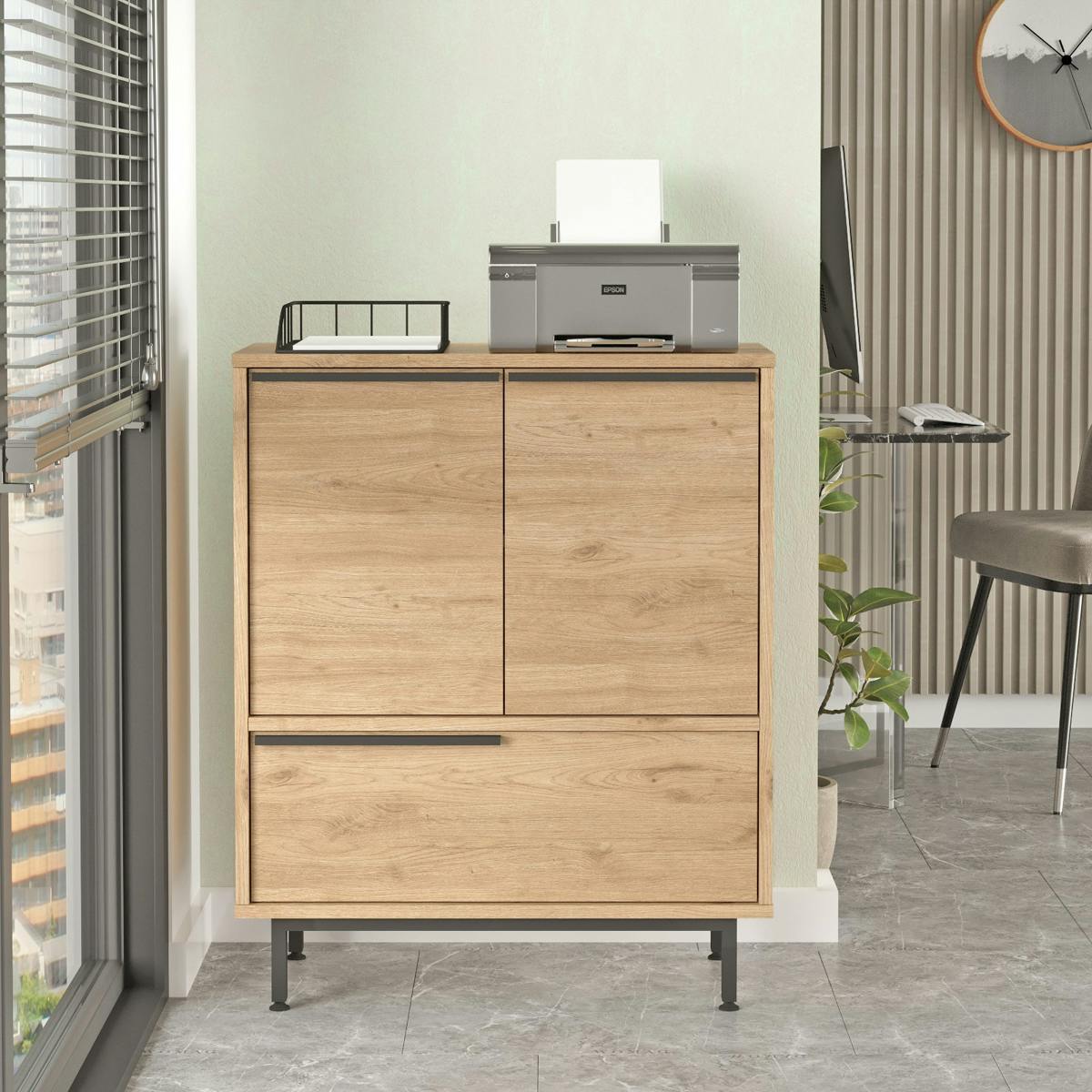 Meuble de rangement bureau 3 portes décor bois JENA