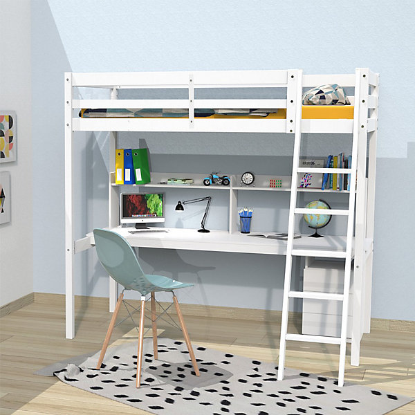 Lit Mezzanine 90x190cm blanc SALA avec Bureau et commode incl. Sommier et échelle