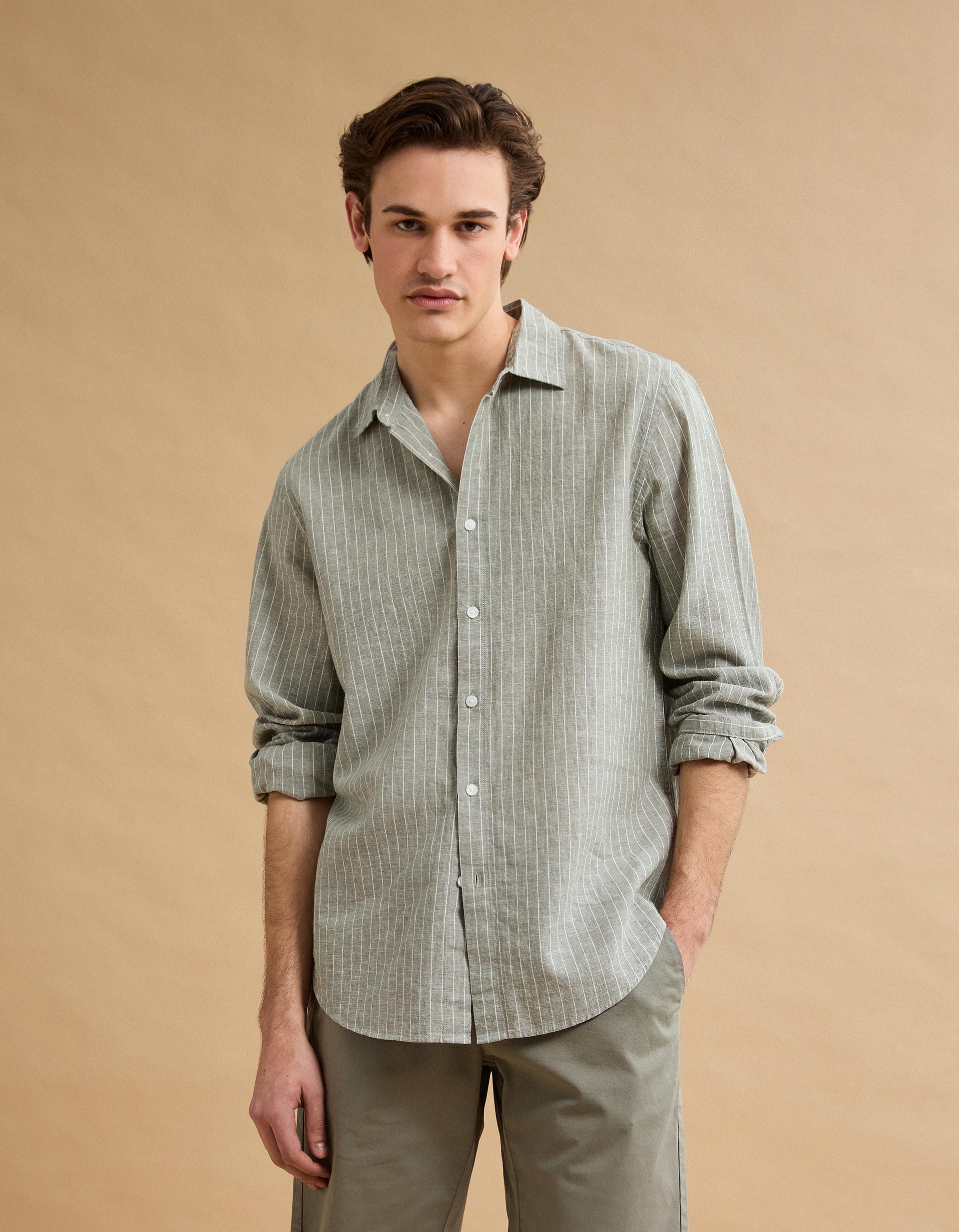 Camisa Riscas com Linho, Homem, Verde