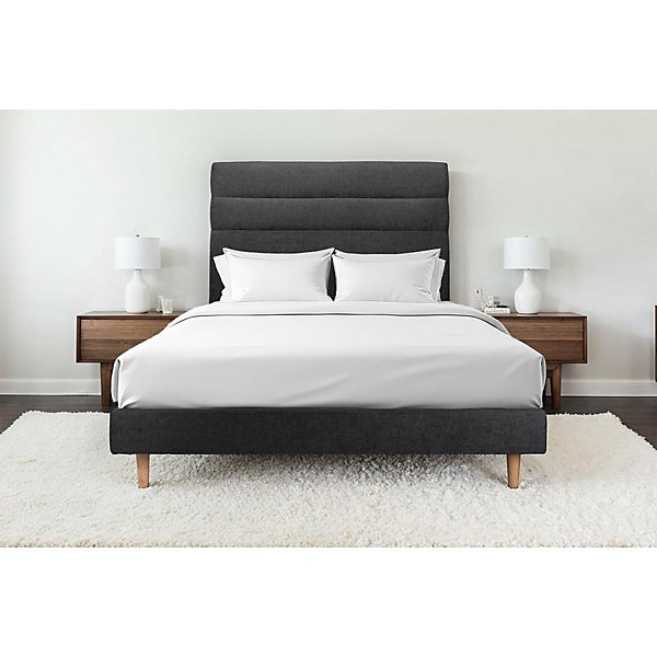 Lit avec tête de lit lignes tissu et sommier tapissier- Lit en bois massif