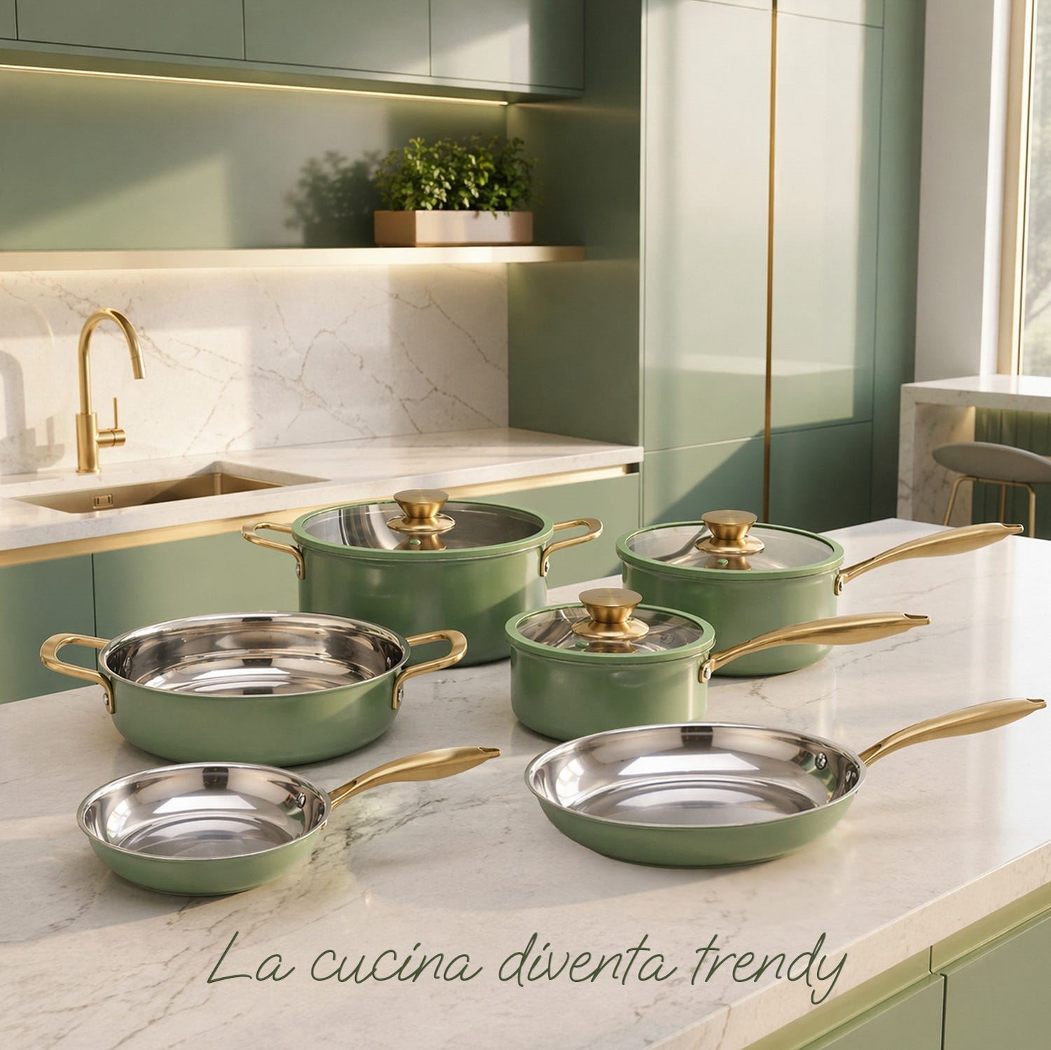 Batteria pentole acciaio 9 pezzi La Vie en Rose verde