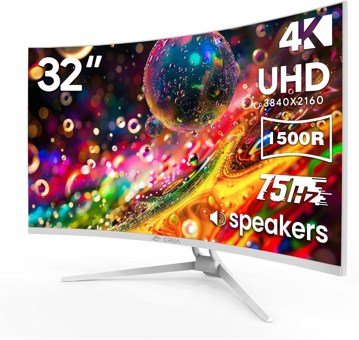 CRUA 32 White Curved Monitor  4K UHD(3840*2160P) 1500R VA Screen  75Hz Computer Monitor Supports AMD Freesync  120% sRGB  Built-in speakers  Blue Light Filter Wall Mountable Installs(HDMI 2.0/DP 1.4)