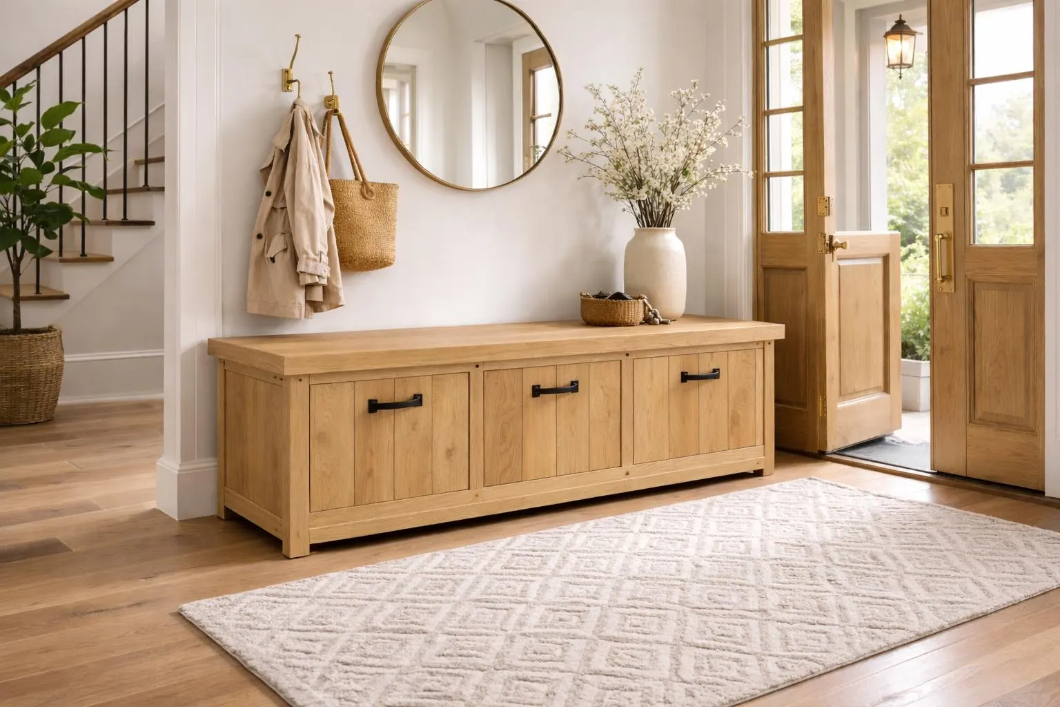 Solid White Oak Entryway Storage Bench with Drawers – Modern Farmhouse Console Cabinet with Hidden Storage