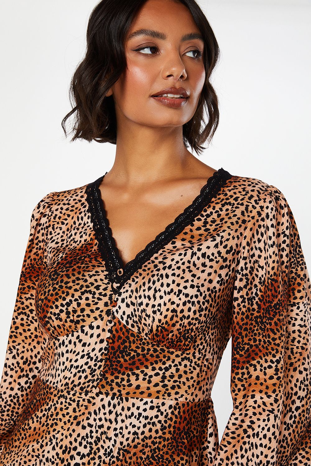 Dorothy Perkins Animal Long Sleeve Lace Trim Button Front Midi Dress