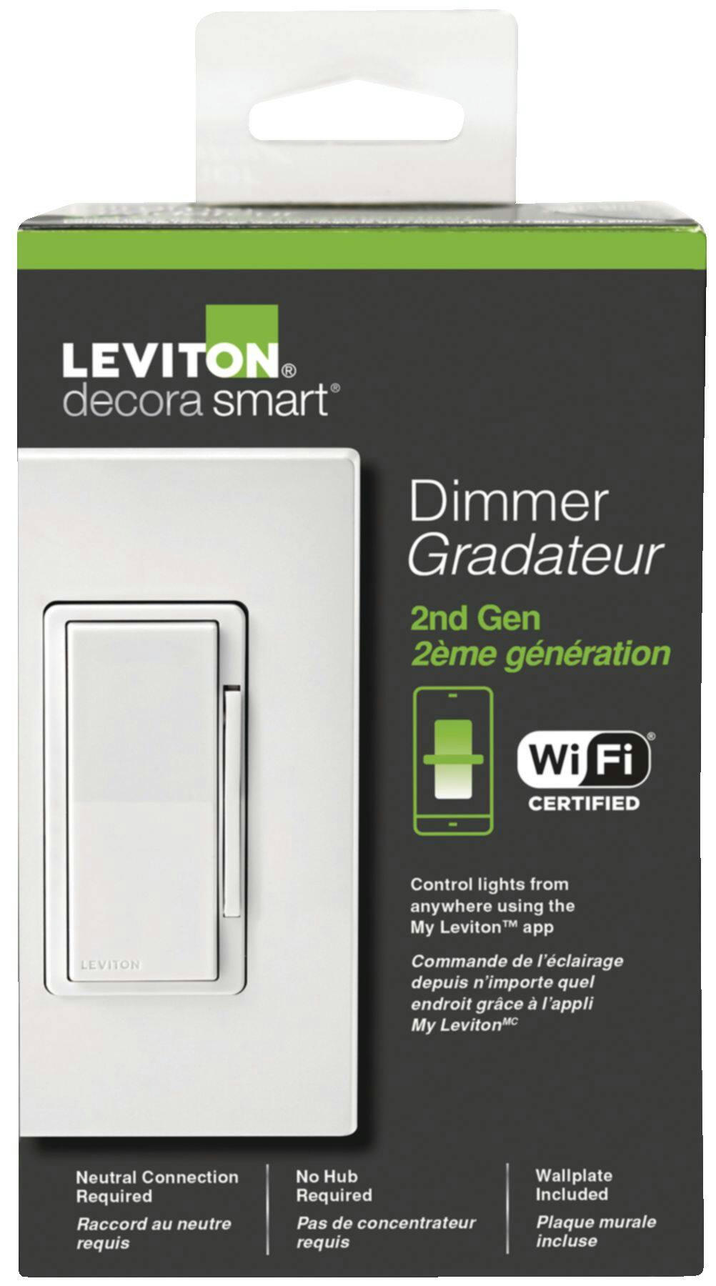 Leviton D26HD-742 Decora Smart 2nd Gen Wi-Fi Dimmer Switch, 600W Incandescent, 300W LED/CFL, White