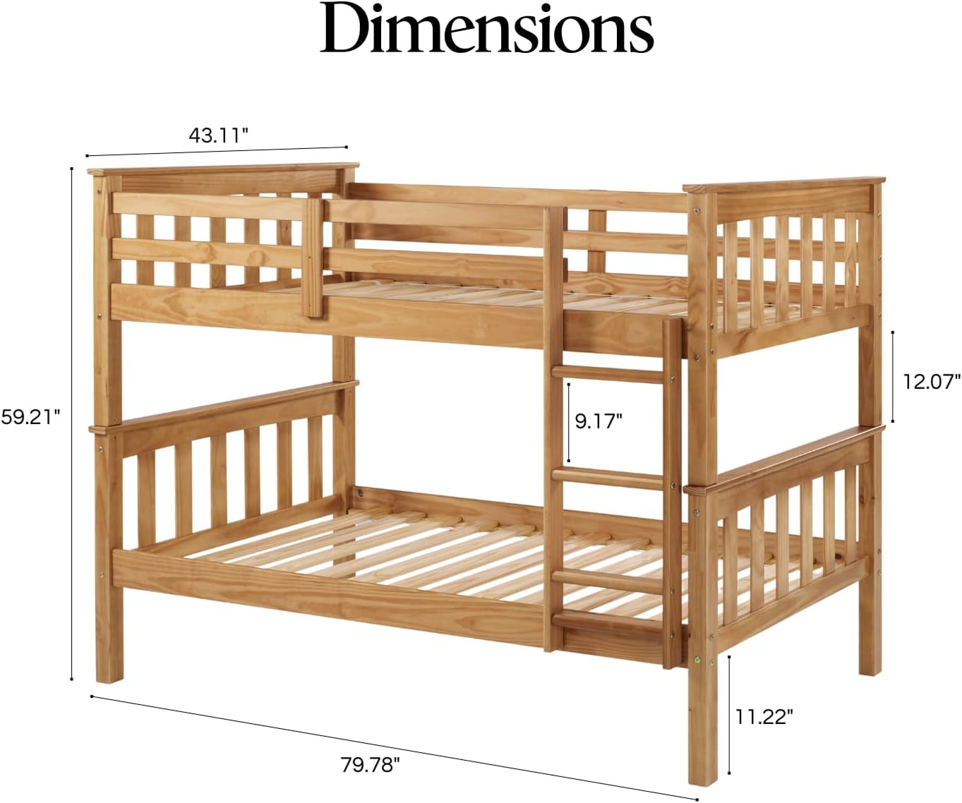 Solid Wood Twin Over Twin Bunk Bed with Ladder and Safety Rails – Durable Pine Wood Kids Bed Frame, Available in White, Grey, and Honey Finishes
