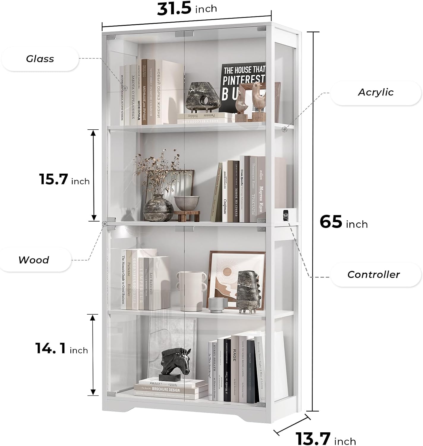 BROTTAR Display Cabinet with Glass Doors, 4-Tier Curio Cabinet with 3 Color Lights for Collectibles, Glass Display Case with Human Body Sensor, Bookcase with 4 Shelves, Storage Cabinets, White